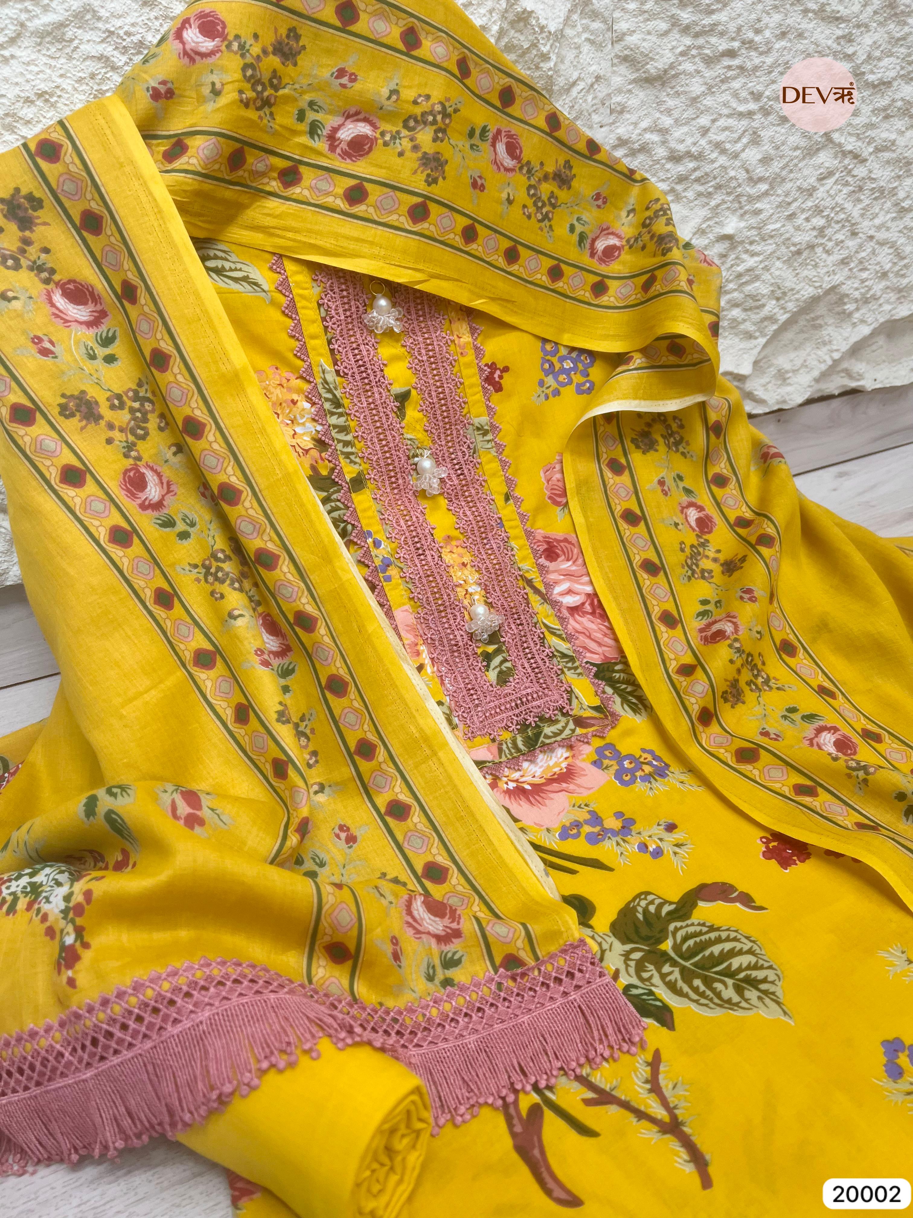 Yellow Pure Cotton Printed Unstitched 3-Piece Suit (Devri – D.No 20002)