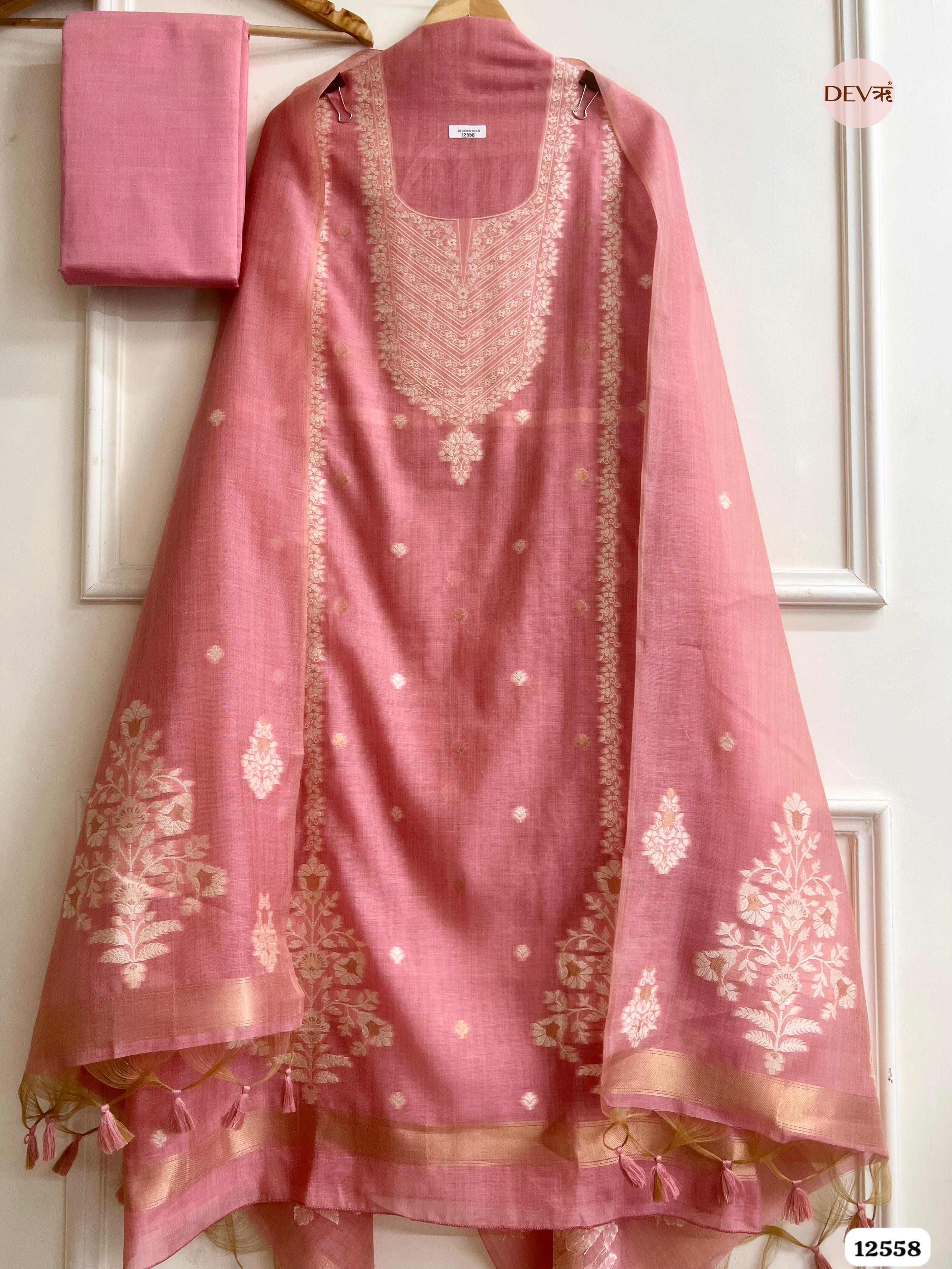 Pink Jamdani Embroidered Unstitched 3-Piece Suit (Devri – D.No 12558)