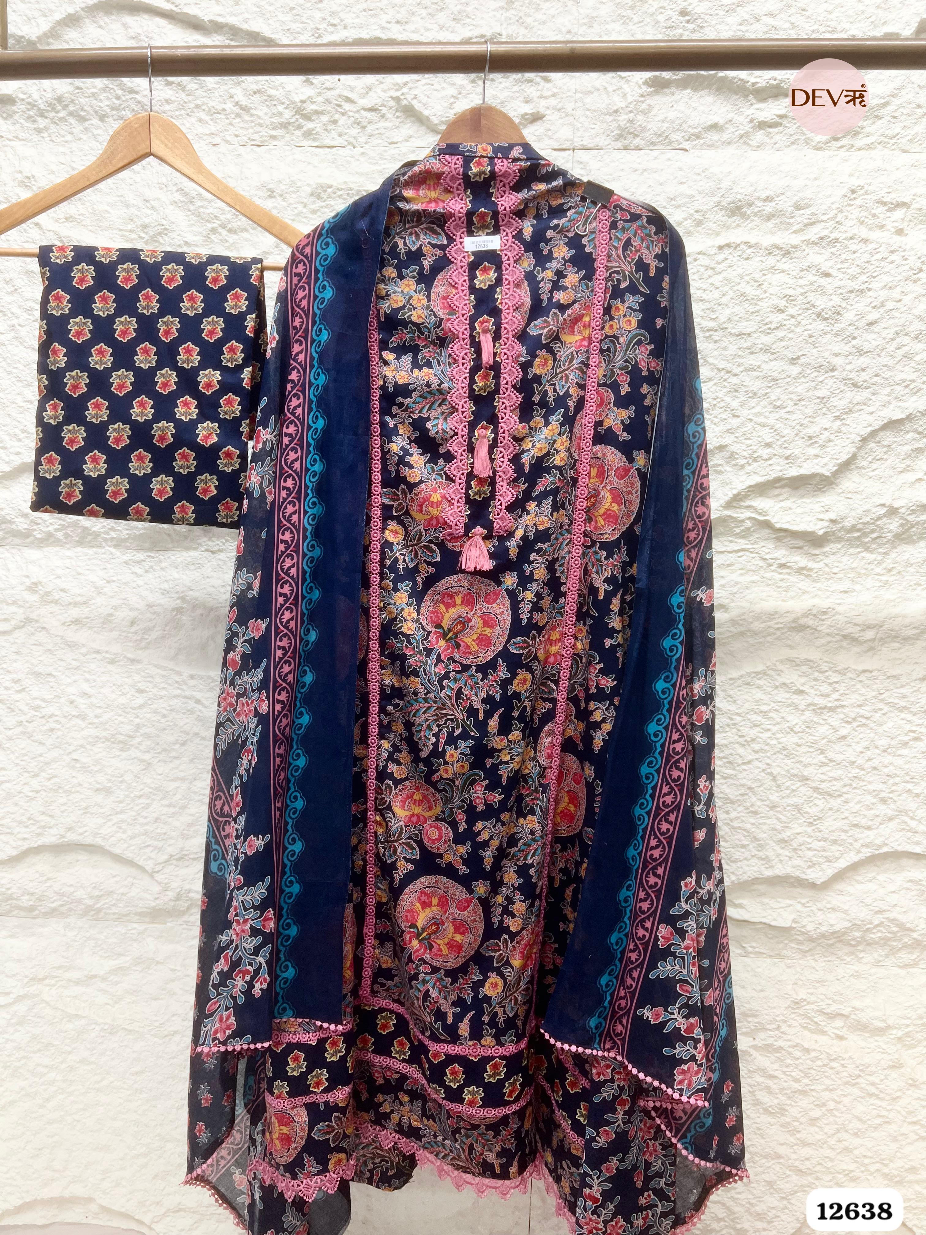 Navy Blue Cotton Floral Printed Unstitched 3-Piece Suit (Devri – D.No 12638)