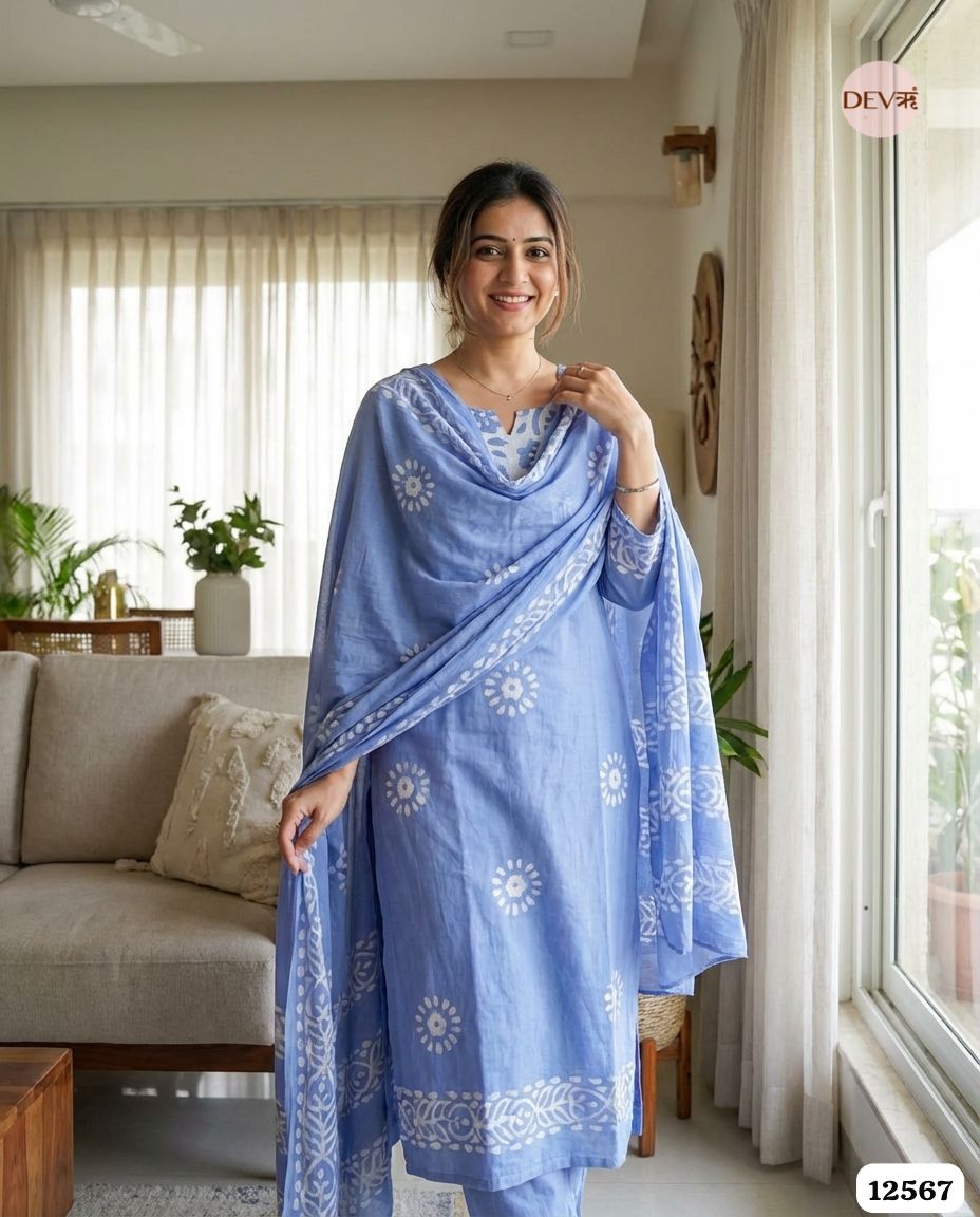 Blue Cotton Printed Unstitched 3-Piece Suit (Devri – D.No 12567)