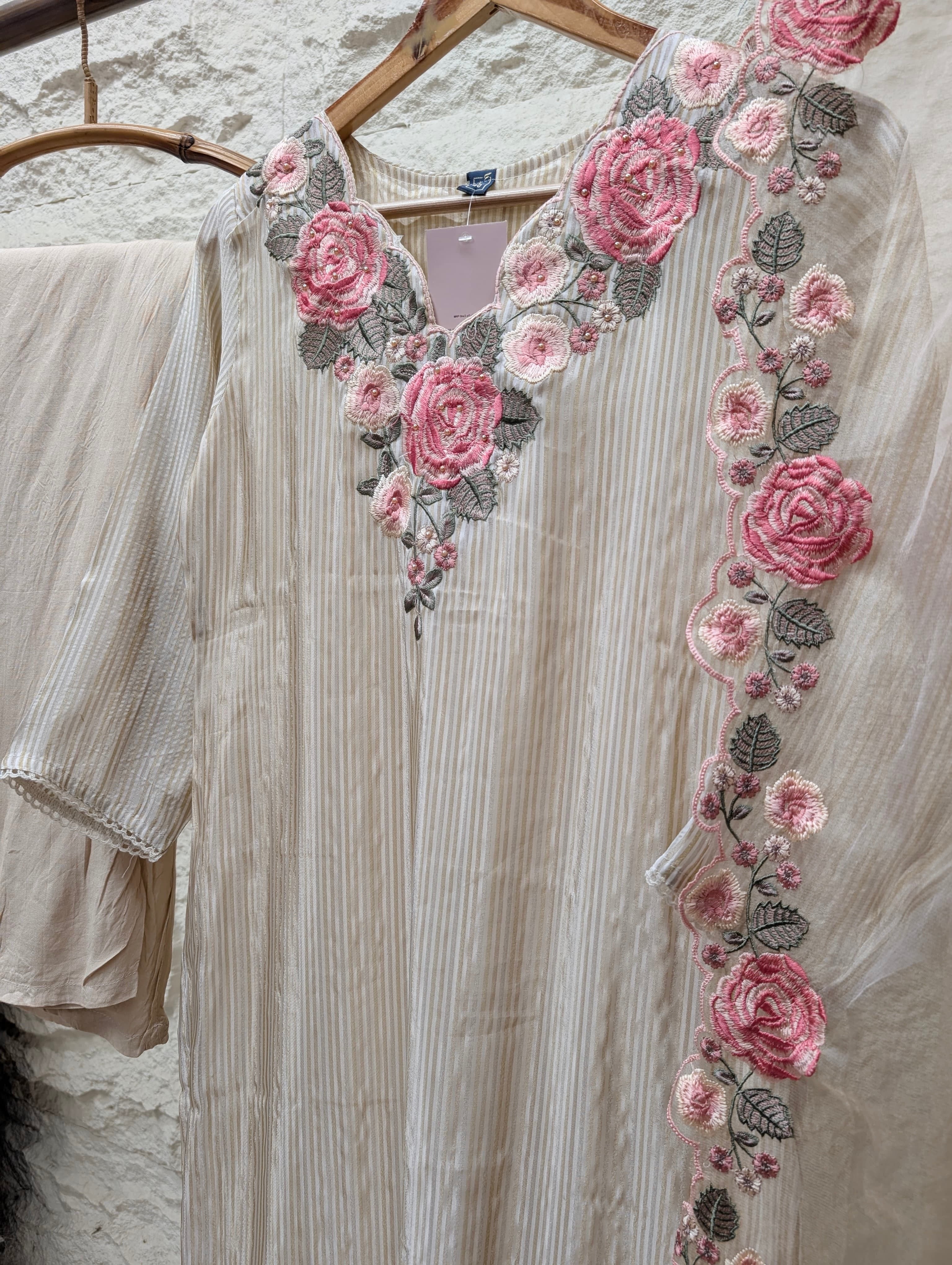Gulnaar Tissue silk Embroidered Ivory 3-Piece Set (Devri – D.No 13797)
