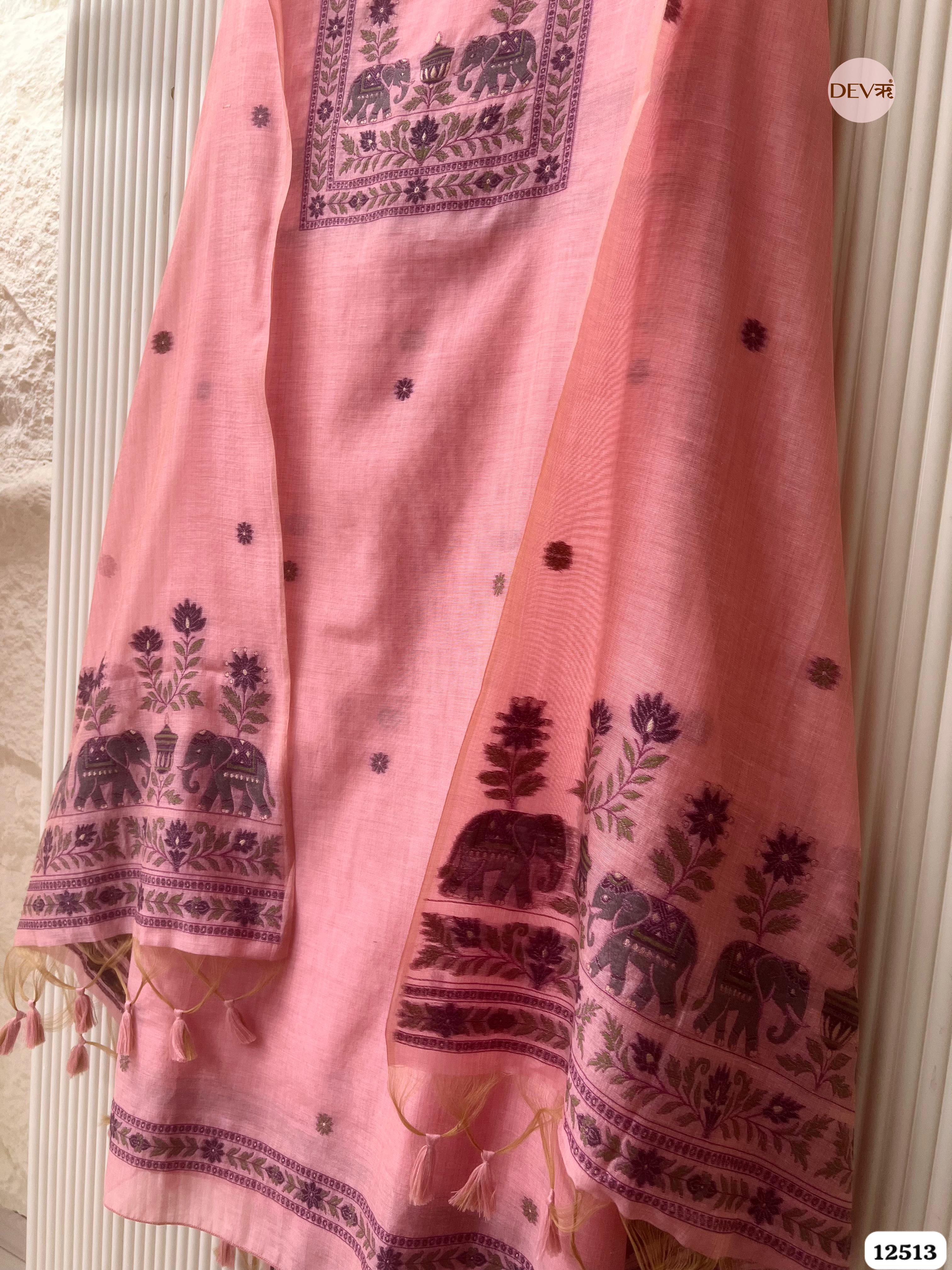 Pink Jamdani Embroidered Unstitched 3-Piece Suit (Devri – D.No 12513)