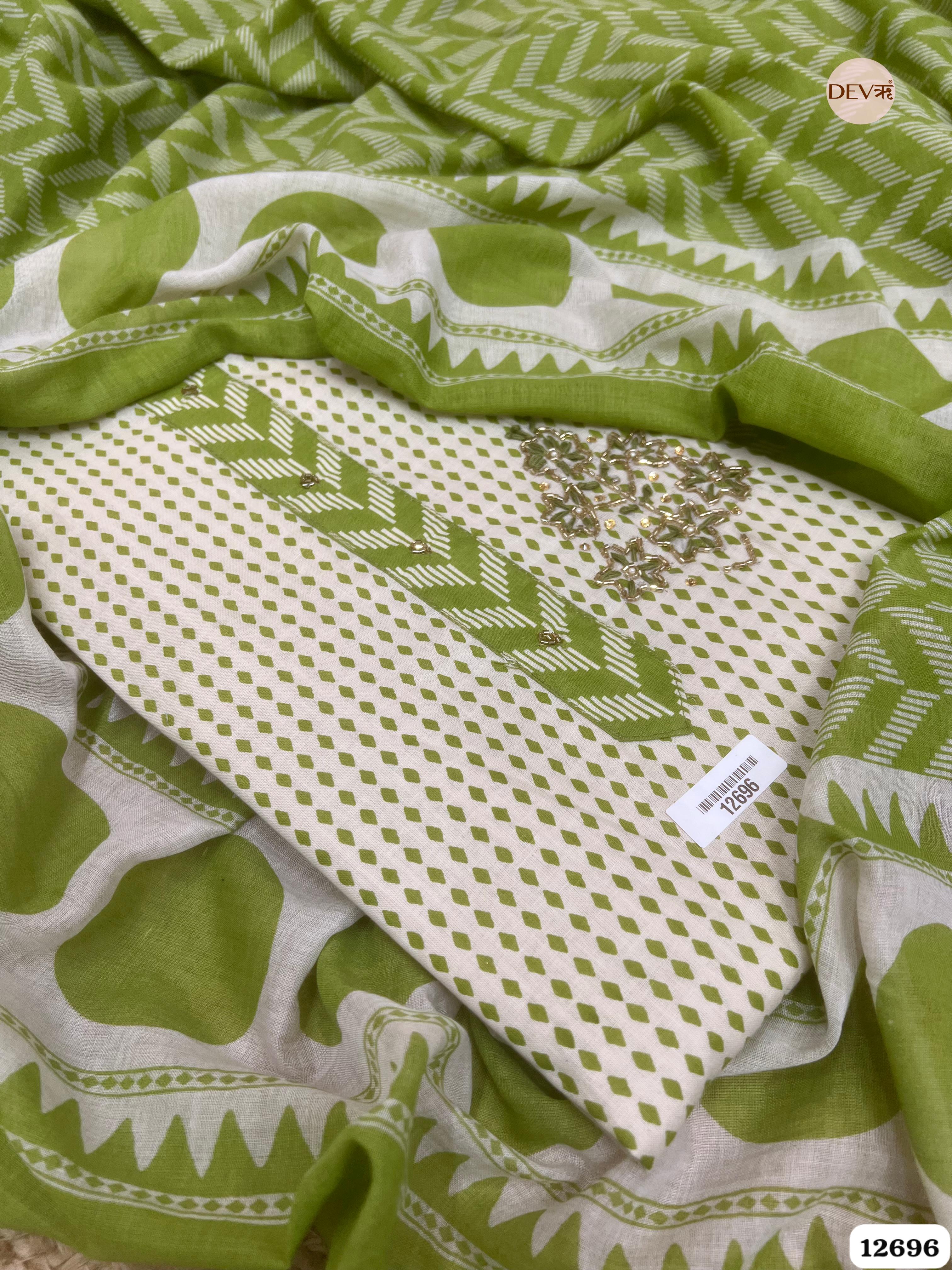 Lime Green Cotton Printed Unstitched 3-Piece Suit (Devri – D.No 12696)