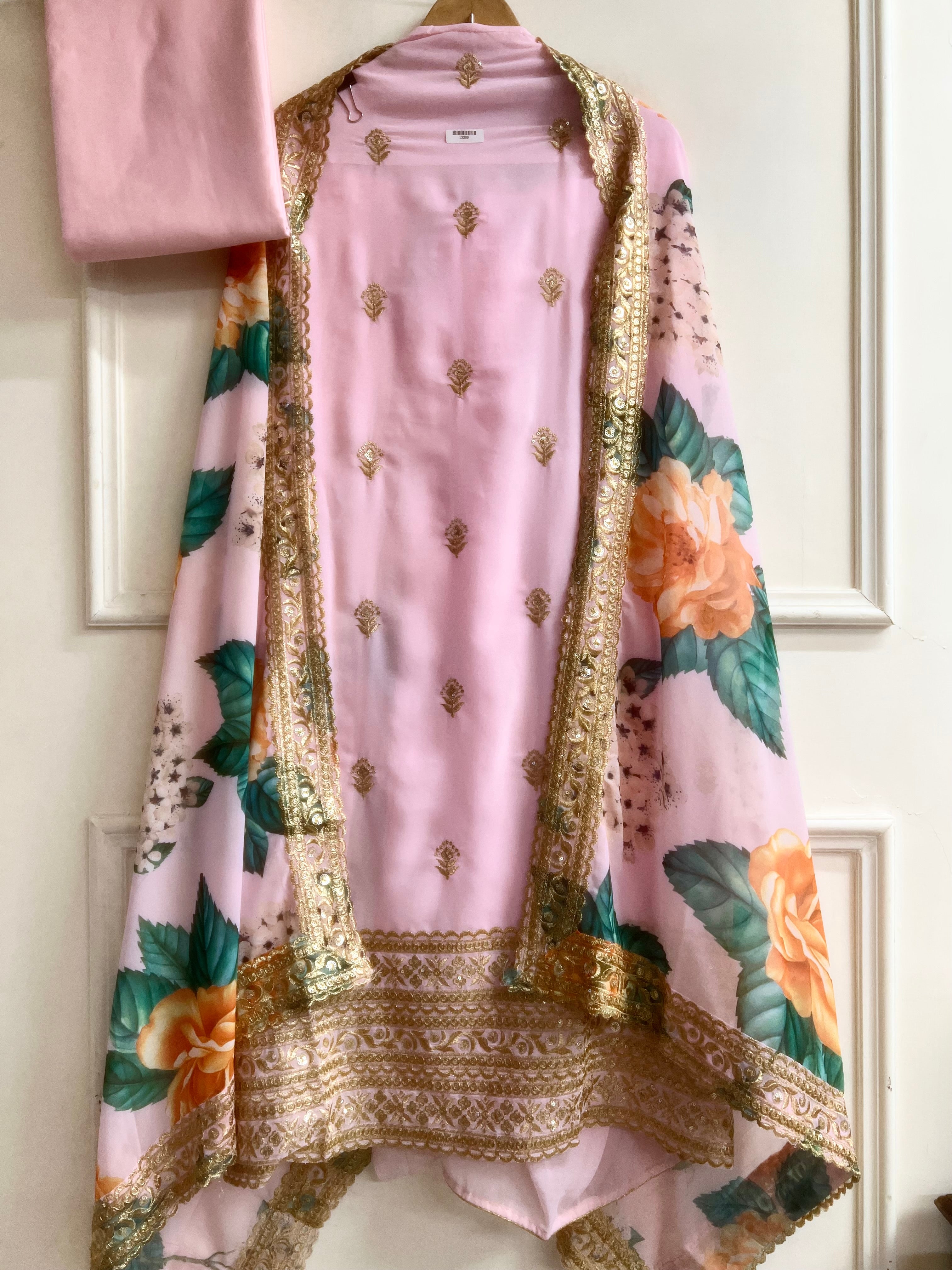 Pink Silk Blend Printed Unstitched 3-Piece Suit (Devri – D.No 13399)