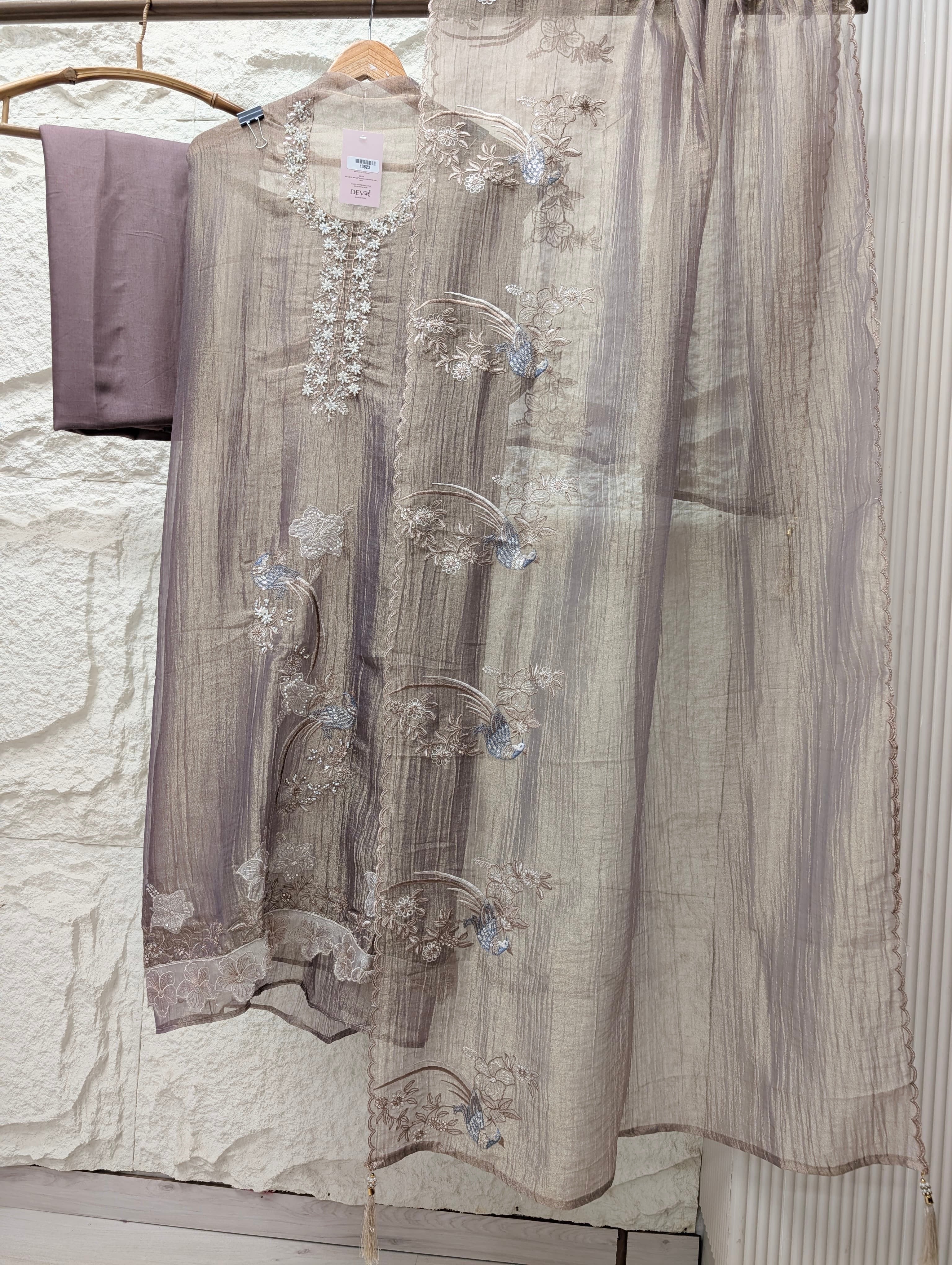 Mauve Tissue Crush Silk Embroidered Unstitched 3-Piece Suit (Devri – D.No 13623)