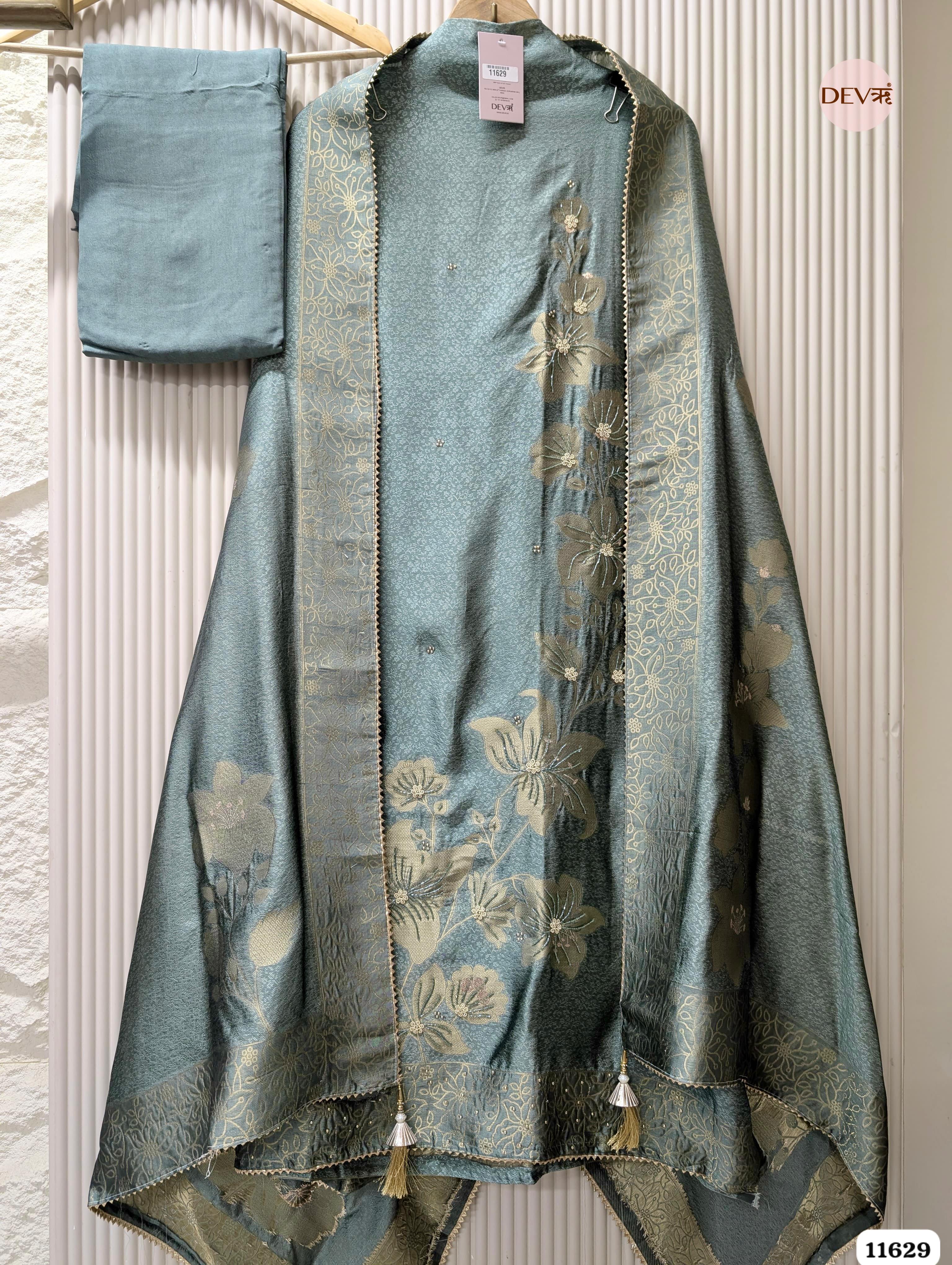 Teal Banarasi Silk Woven Unstitched 3-Piece Suit (Devri – D.No. 11629)