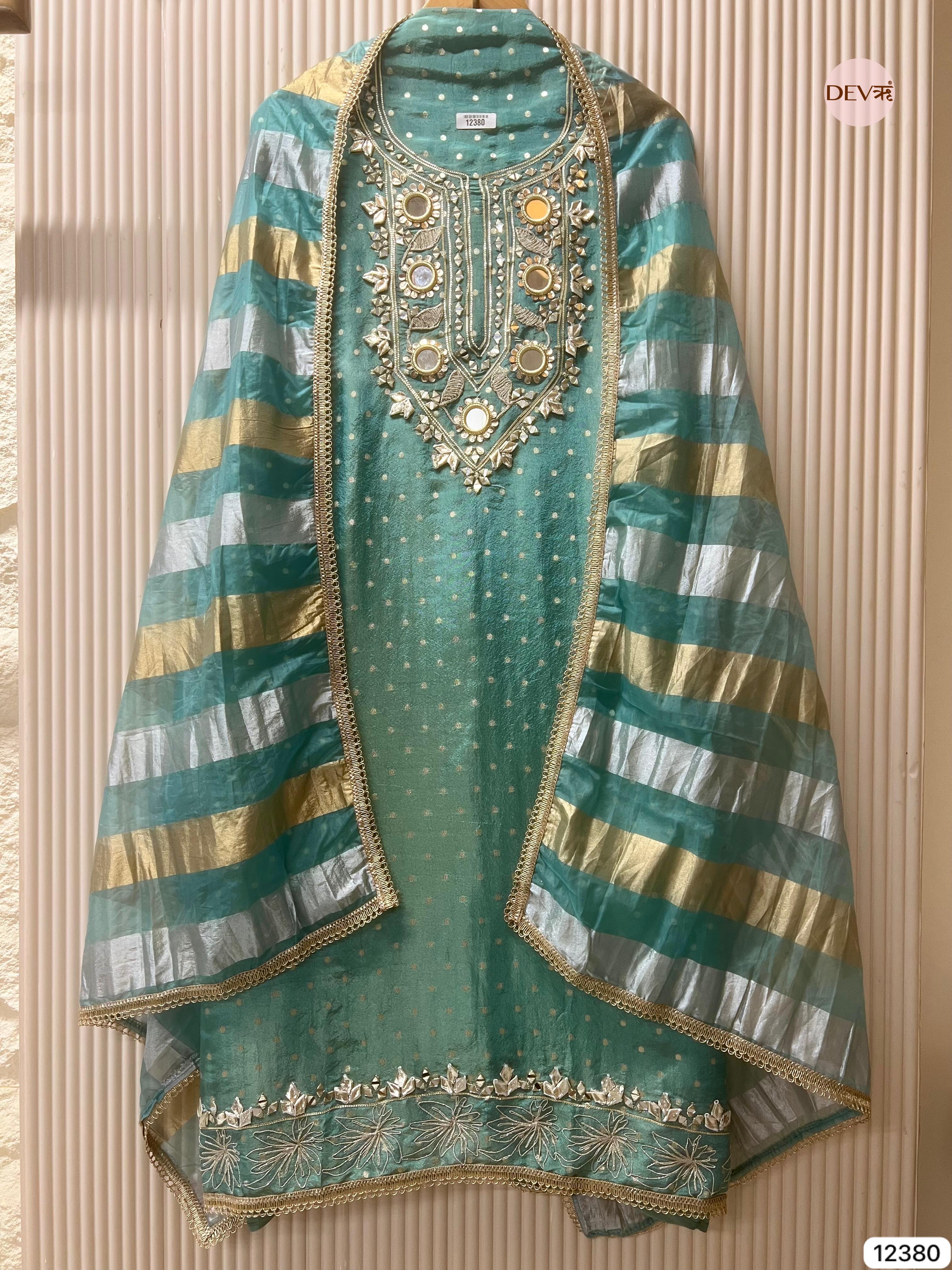 Sea Green Tissue Silk Embroidered Unstitched 3-Piece Suit (Devri – D.No 12380)