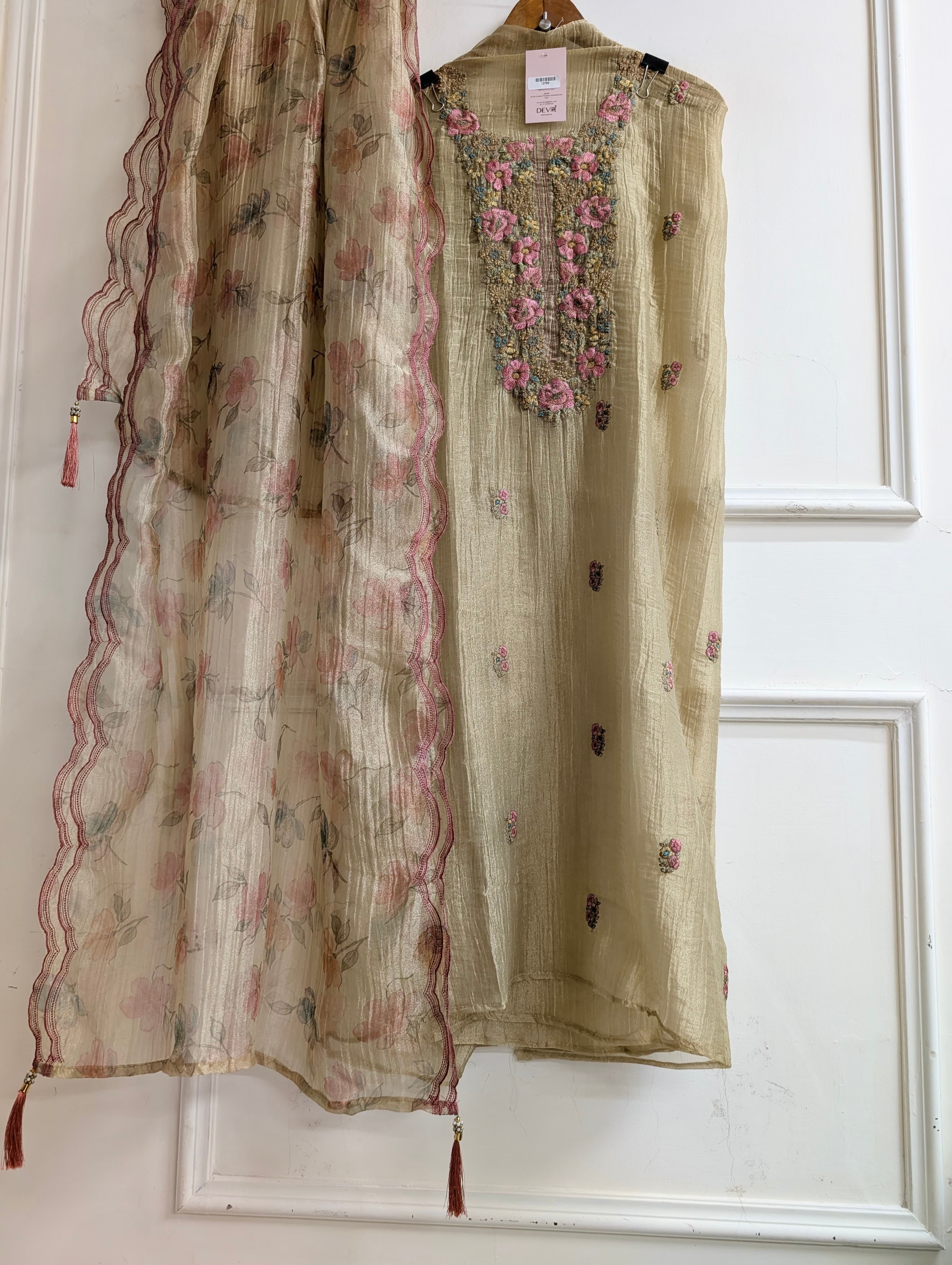 Beige Crush Tissue Silk Embroidered Unstitched 3-Piece Suit (Devri – D.No 13709)