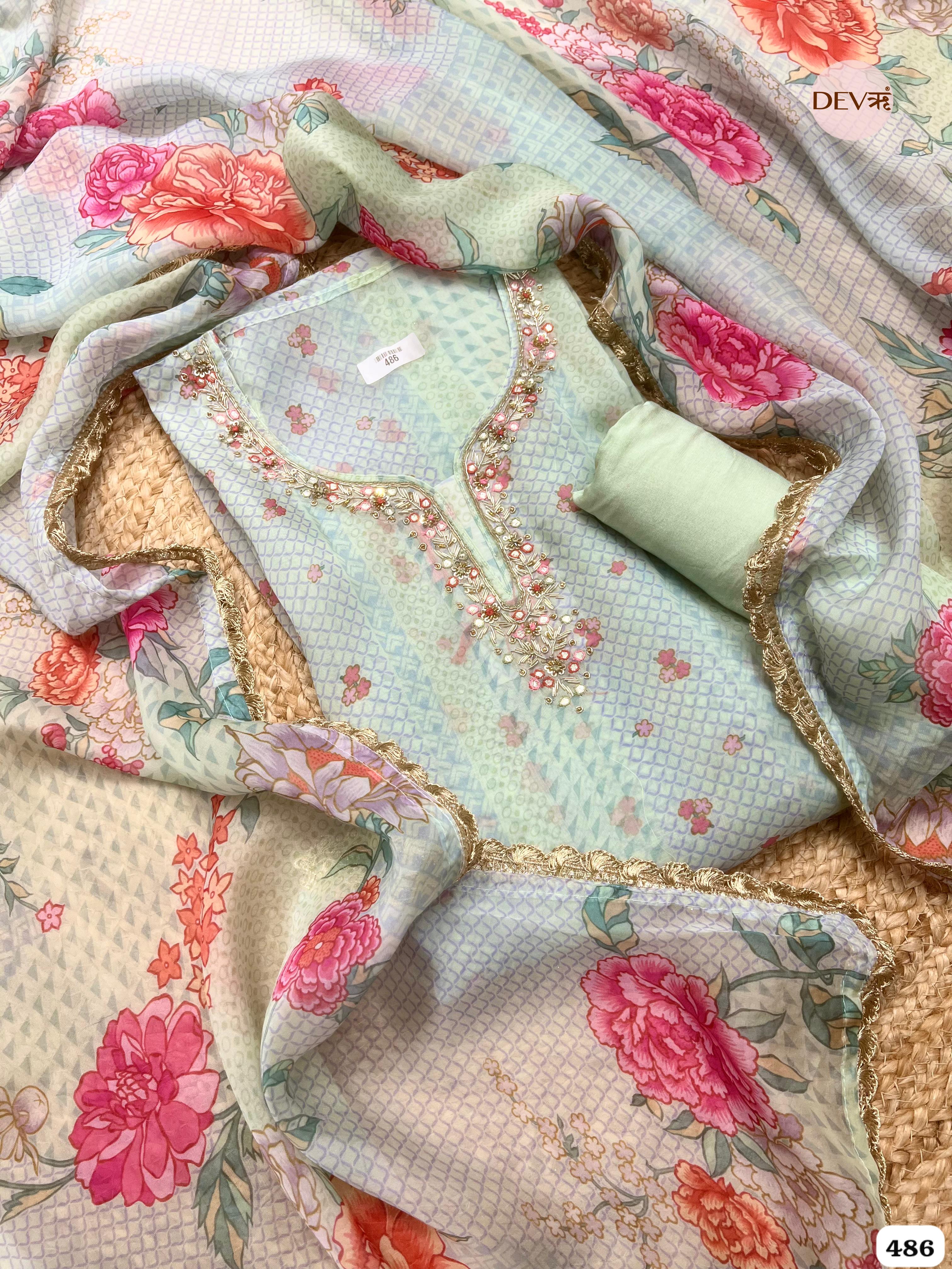 Mint Organza Silk Printed &amp; Embroidered Unstitched 3-Piece Suit (Devri – D.No. 486)