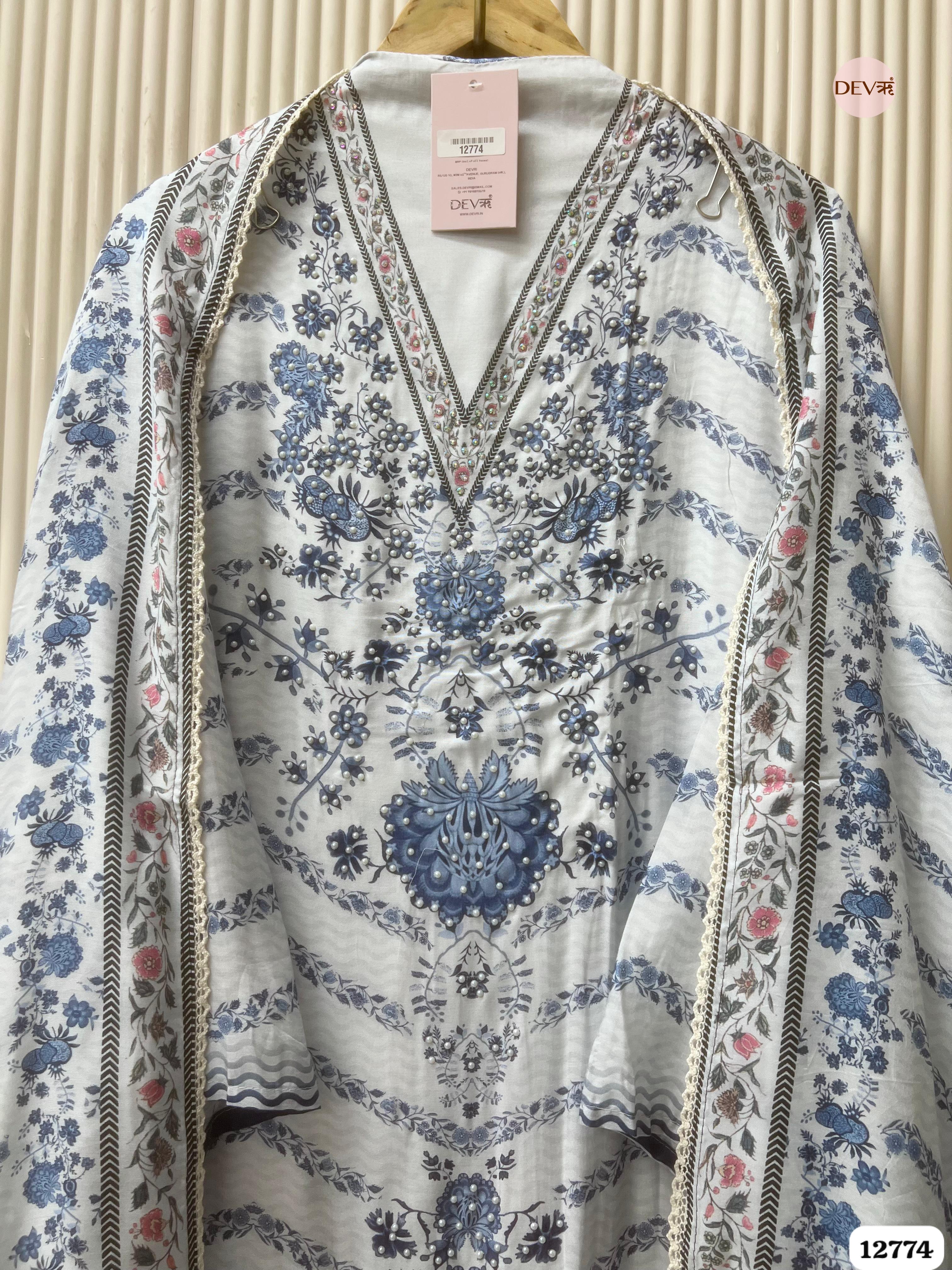 White and Blue Muslin Printed Unstitched 3-Piece Suit (Devri – D.No 12774)