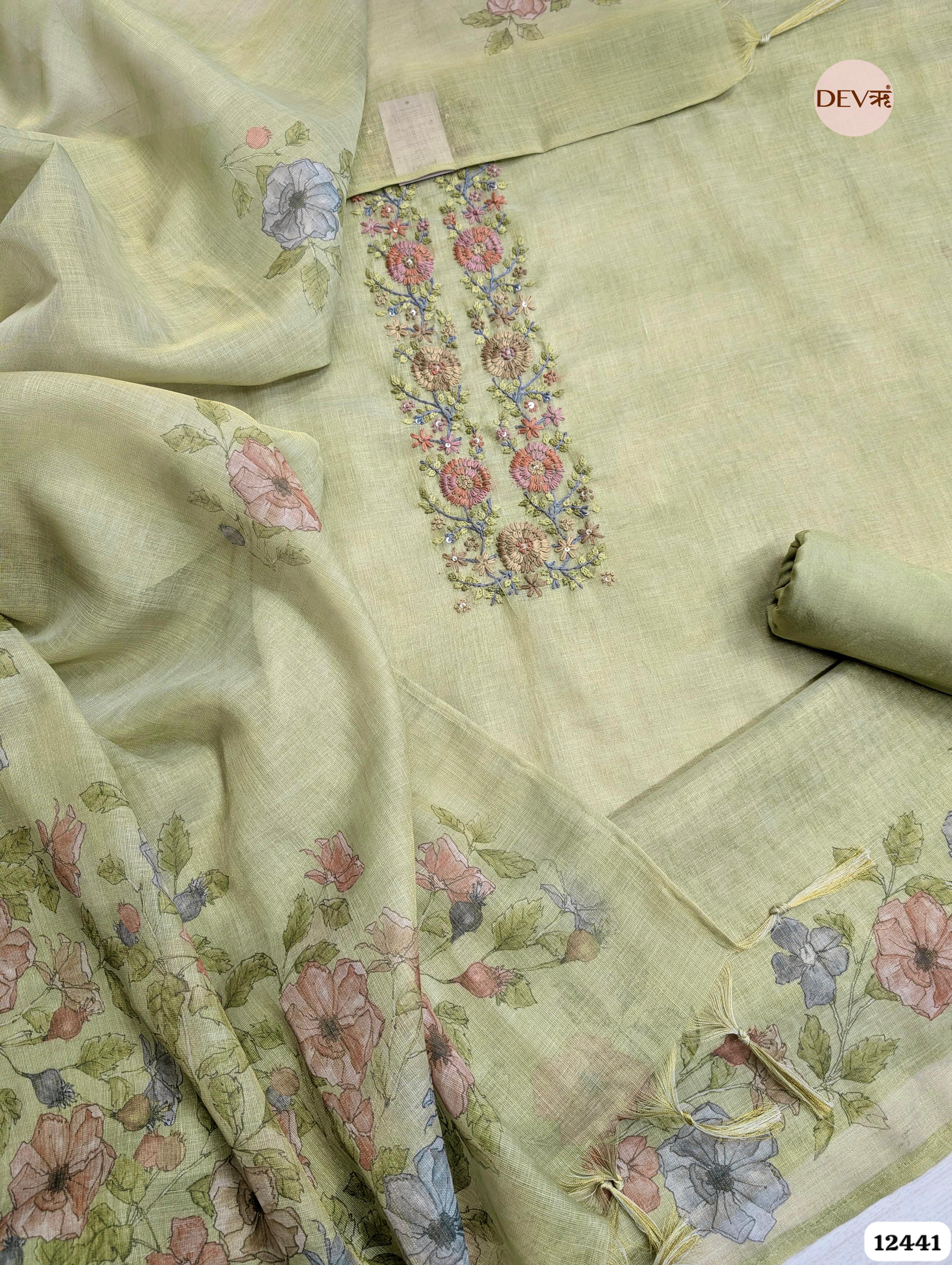Sage Green Linen Embroidered Unstitched 3-Piece Suit (Devri – D.No 12441)