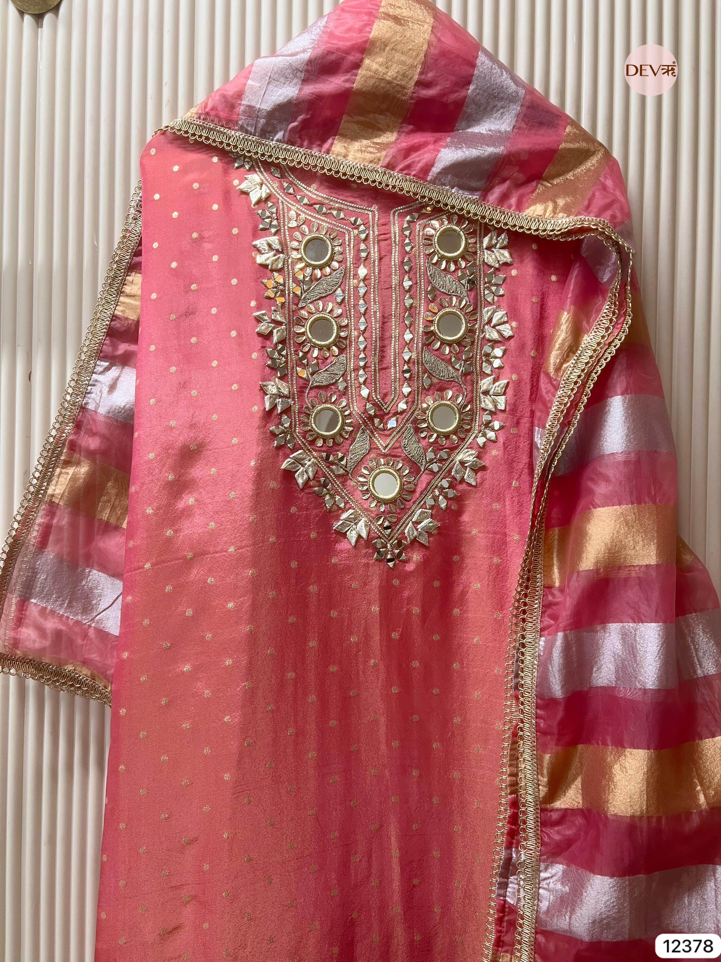 Peach Tissue Silk Embroidered Unstitched 3-Piece Suit (Devri – D.No 12378)