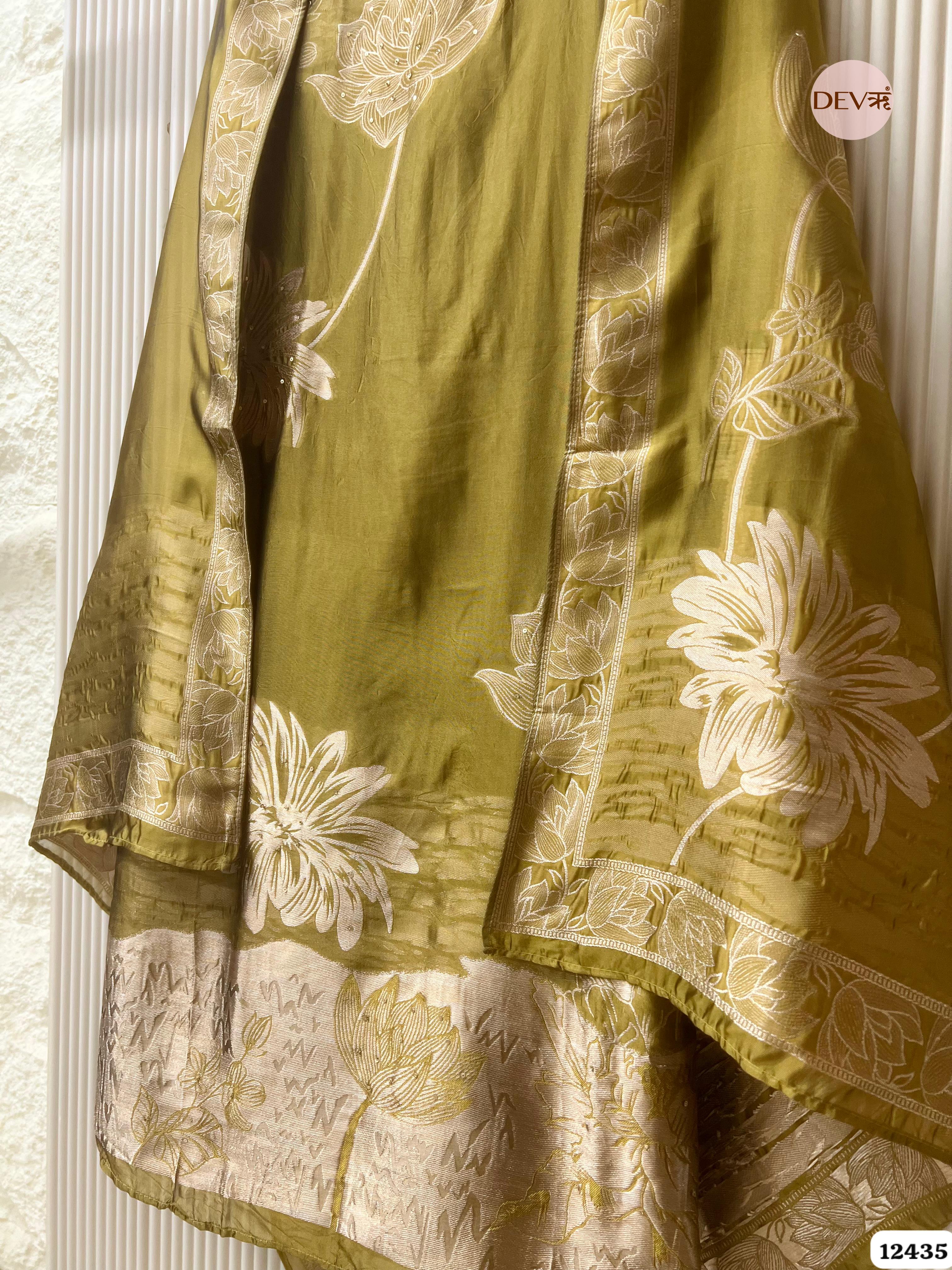 Olive Green Banarasi Silk Printed Unstitched 3-Piece Suit (Devri – D.No. 12435)