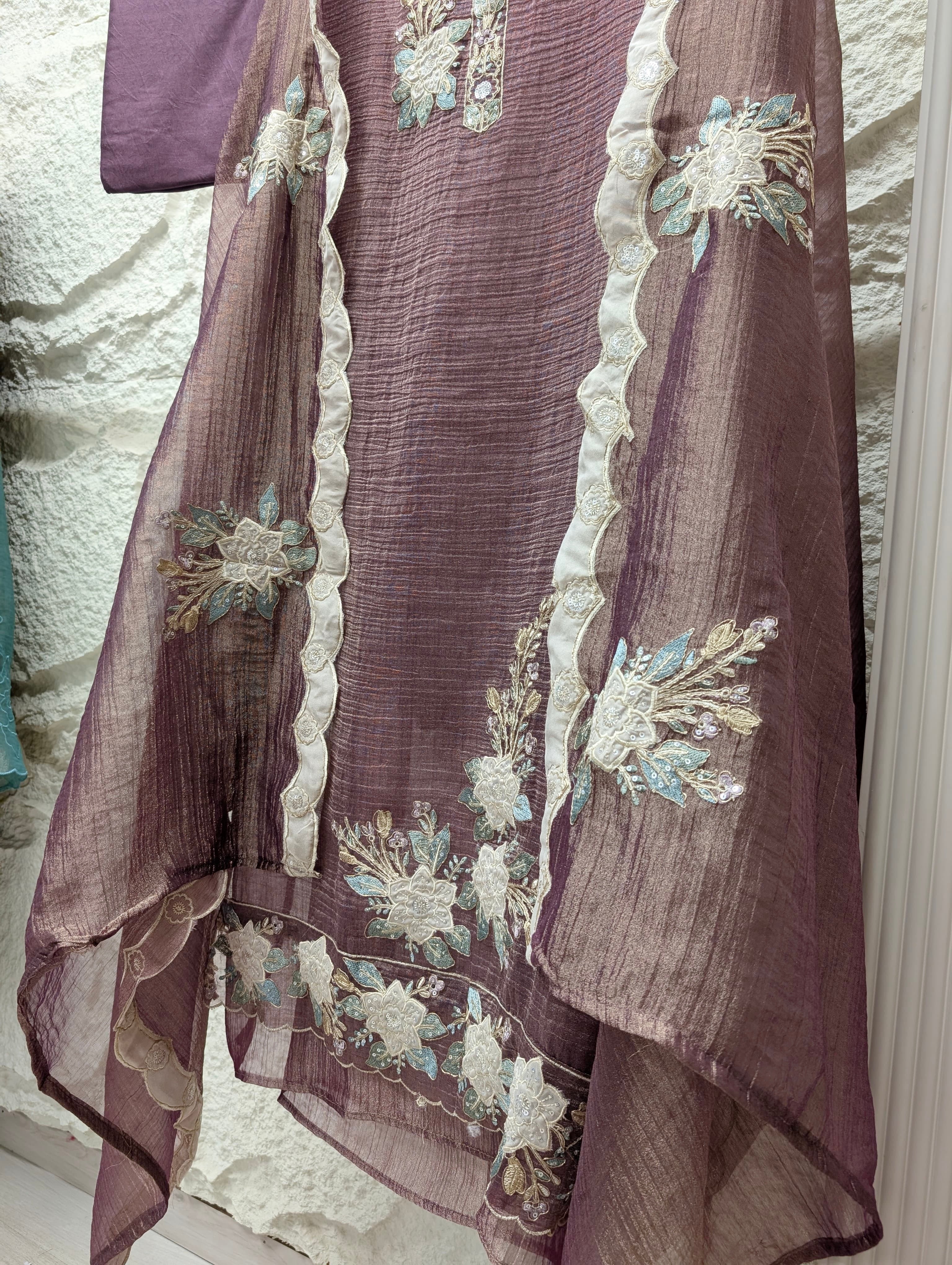 Purple Tissue Crush Silk Embroidered Unstitched 3-Piece Suit (Devri – D.No 13757)