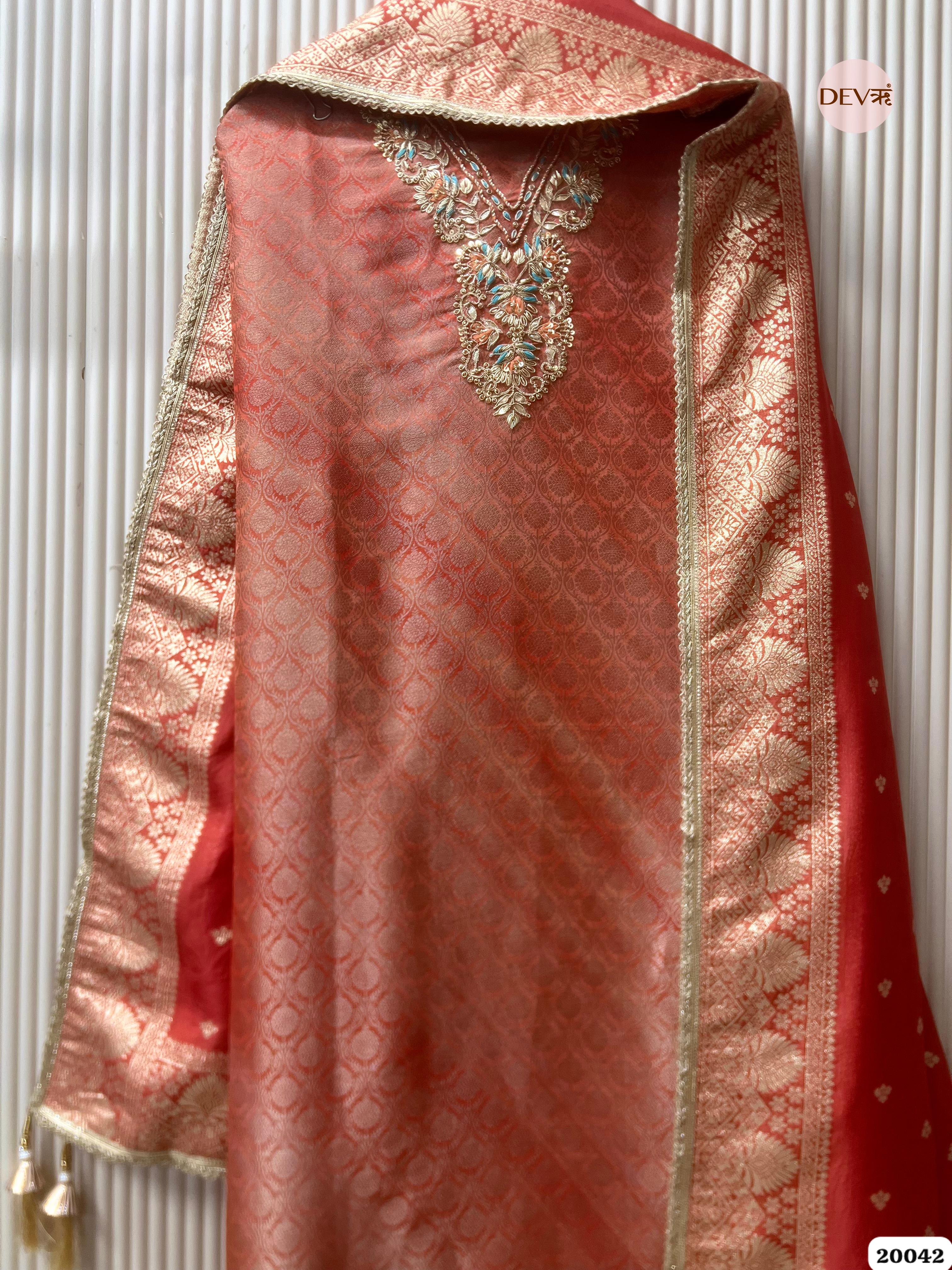 Coral Rose Banarasi Tissue Embroidered Unstitched 3-Piece Suit (Devri – D.No. 20042 )