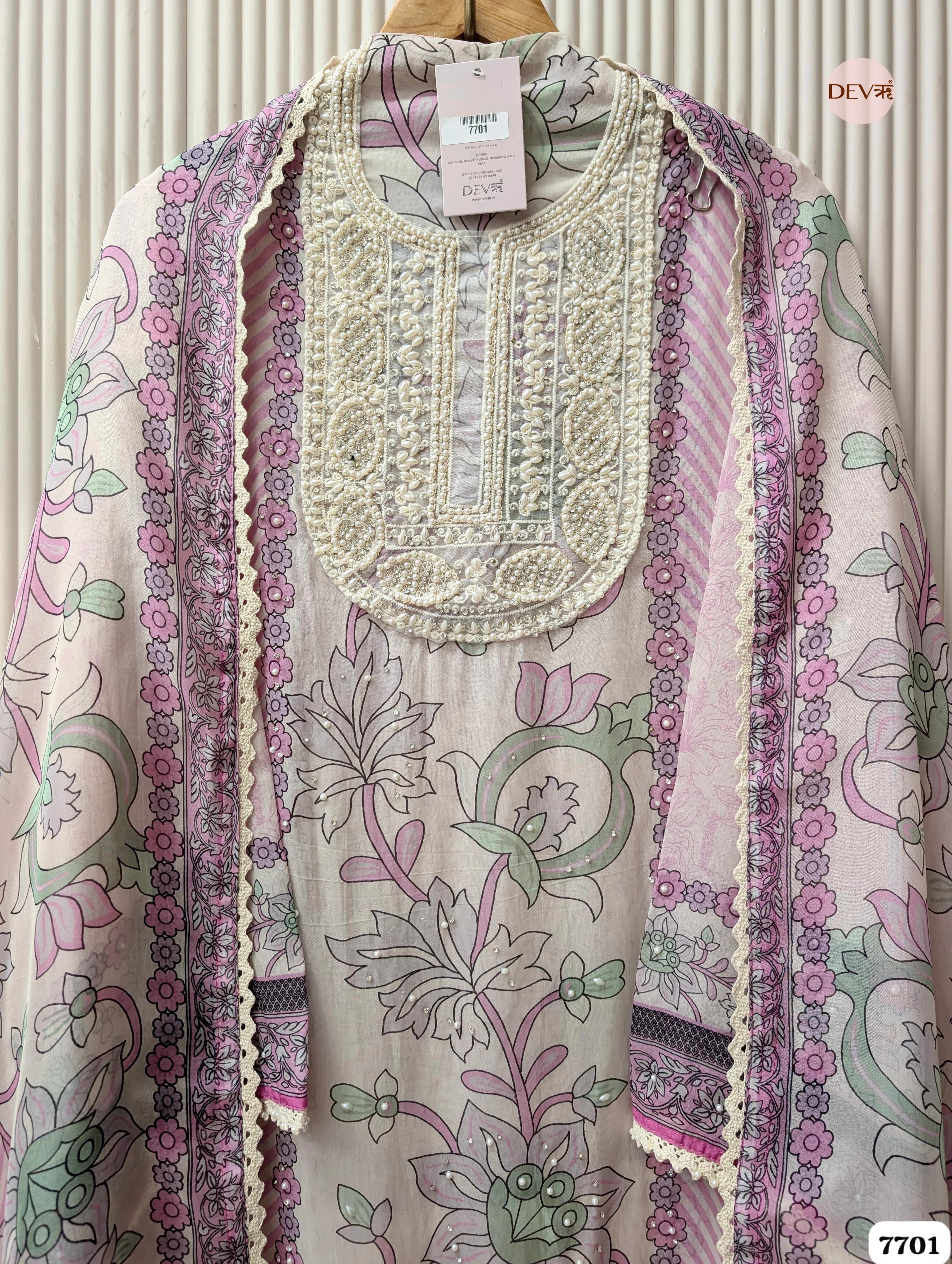 Pink & Mint Organza Silk Printed Unstitched 3-Piece Suit (Devri – D.No. 7701)