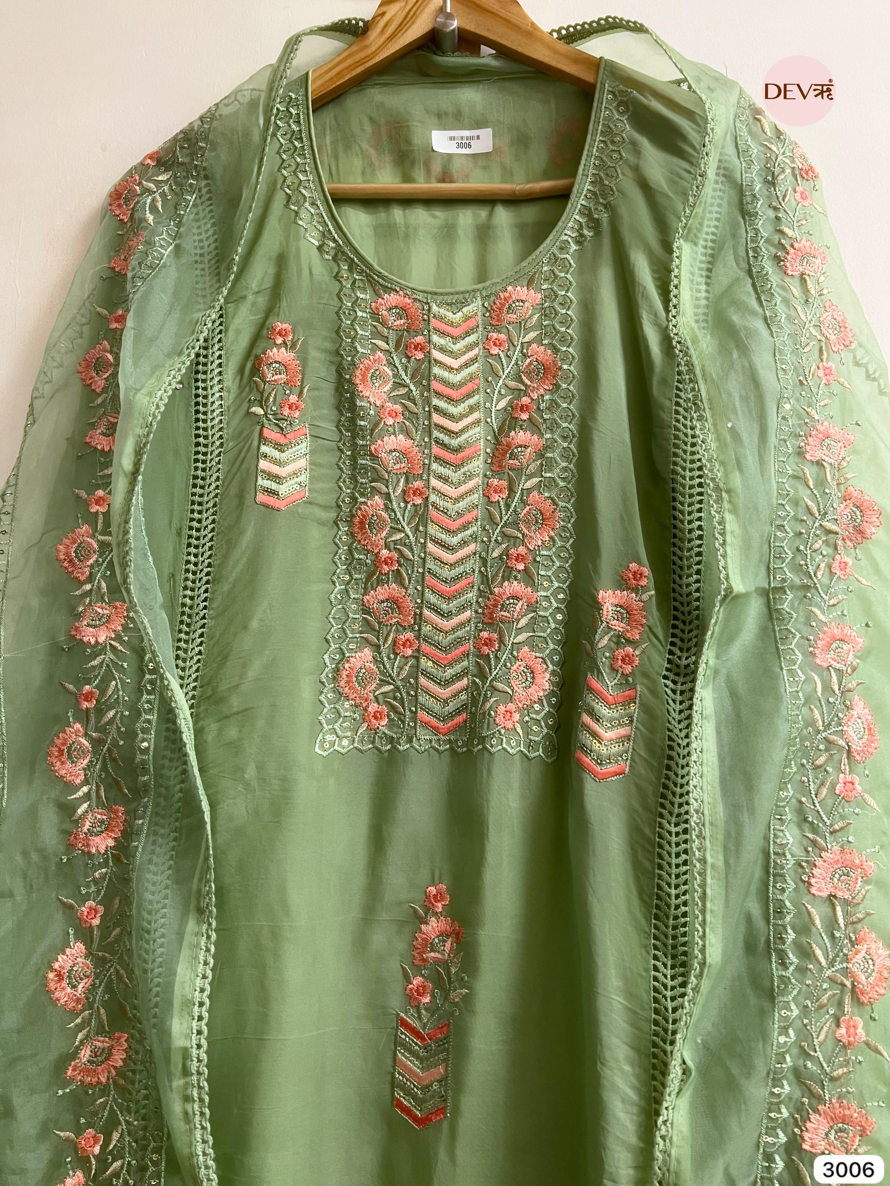 Mehendi Green Organza Embroidered Unstitched 3-Piece Suit (Devri – D.No 3006)