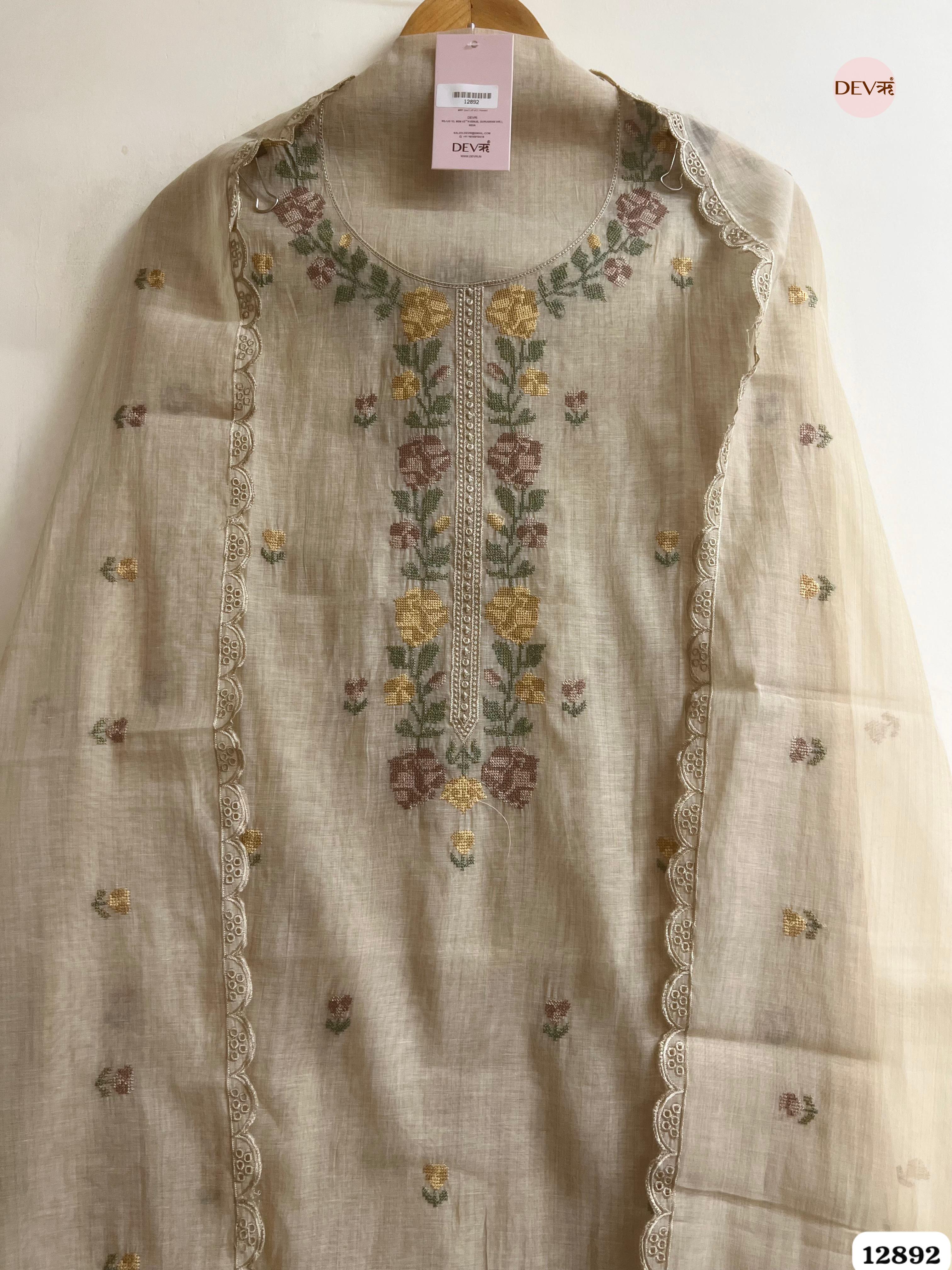 Beige Mul Chanderi Embroidered Unstitched 3-Piece Suit (Devri – D.No 12892)