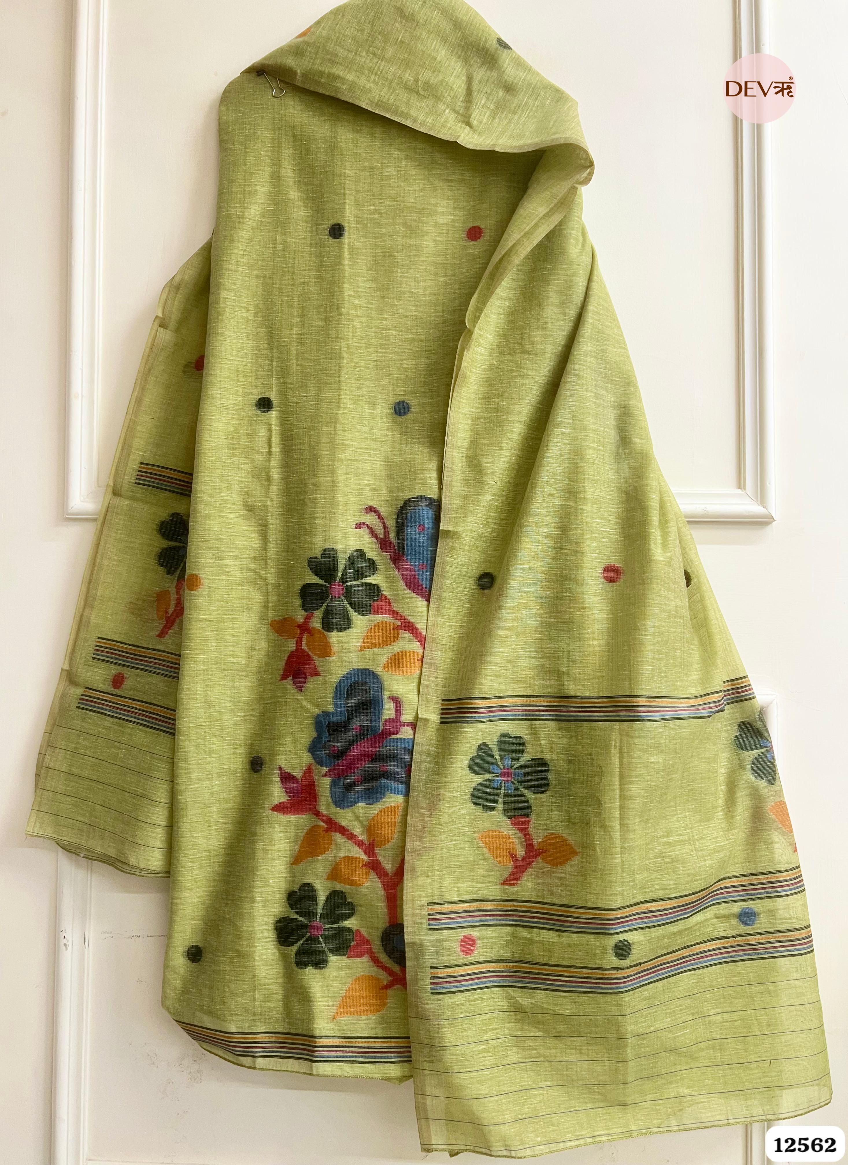 Green Linen Printed Unstitched 3-Piece Suit (Devri – D.No 12562)