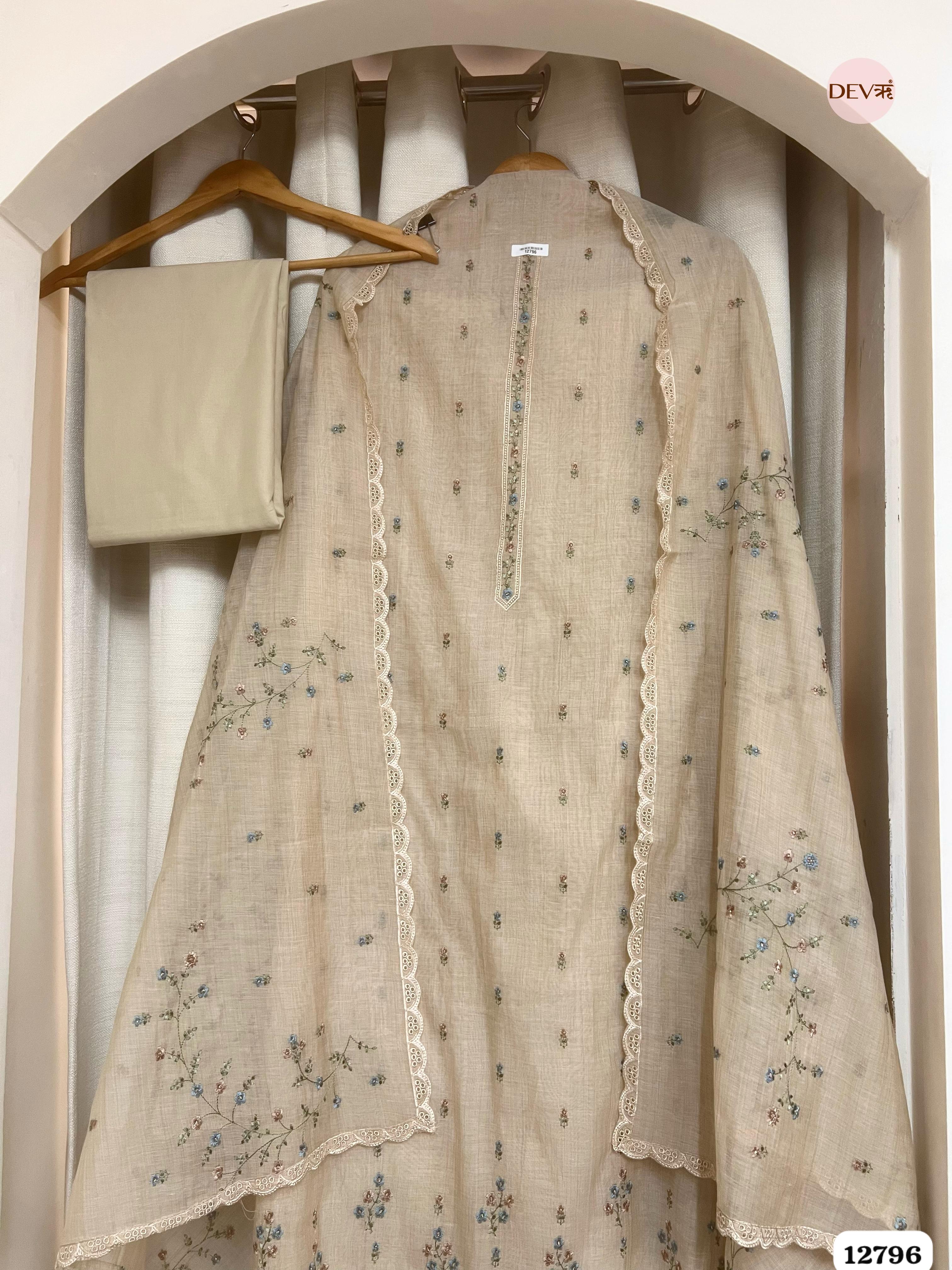 Beige Mul Chanderi Embroidered Unstitched 3-Piece Suit (Devri – D.No 12796)
