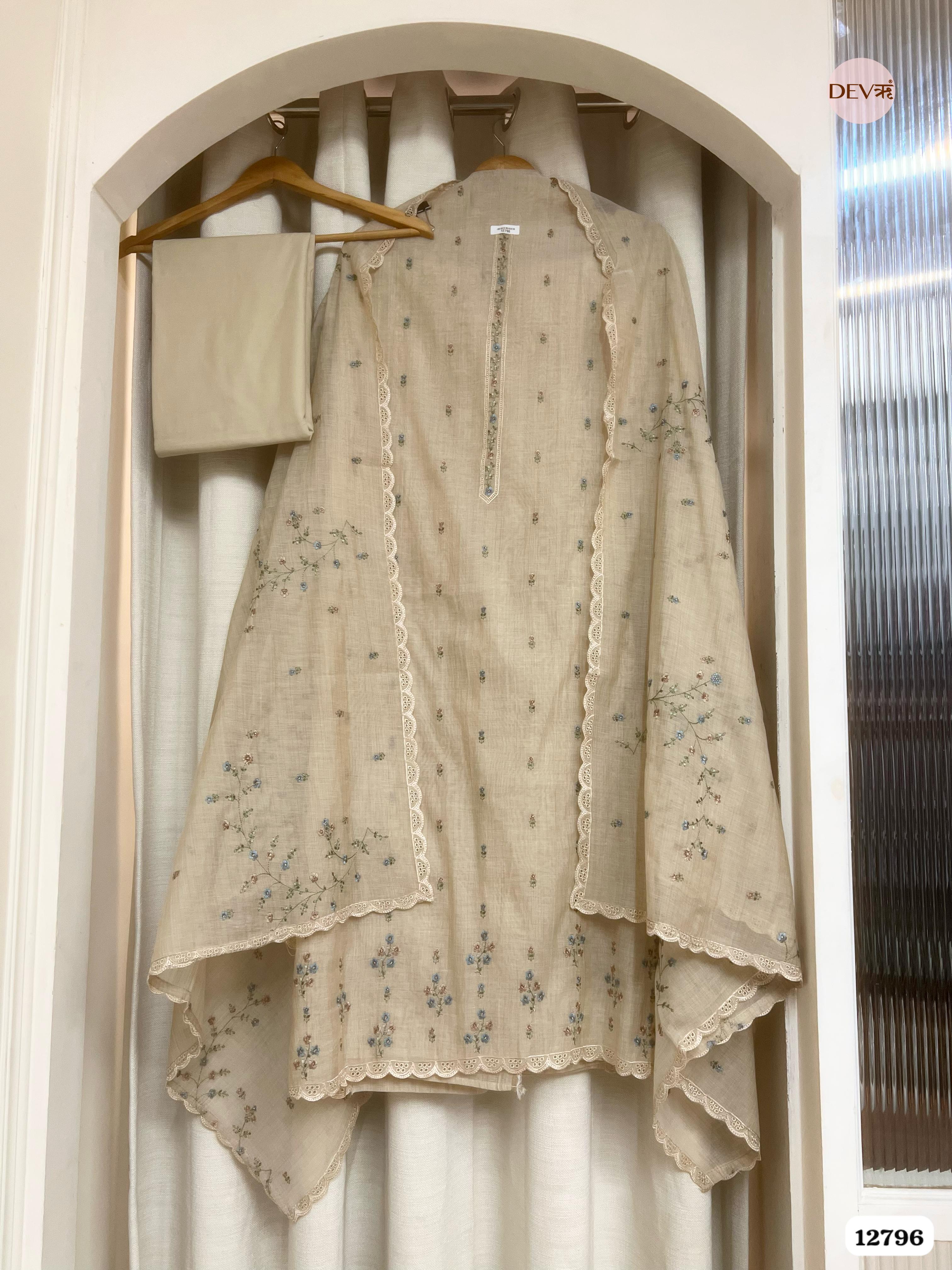 Beige Mul Chanderi Embroidered Unstitched 3-Piece Suit (Devri – D.No 12796)