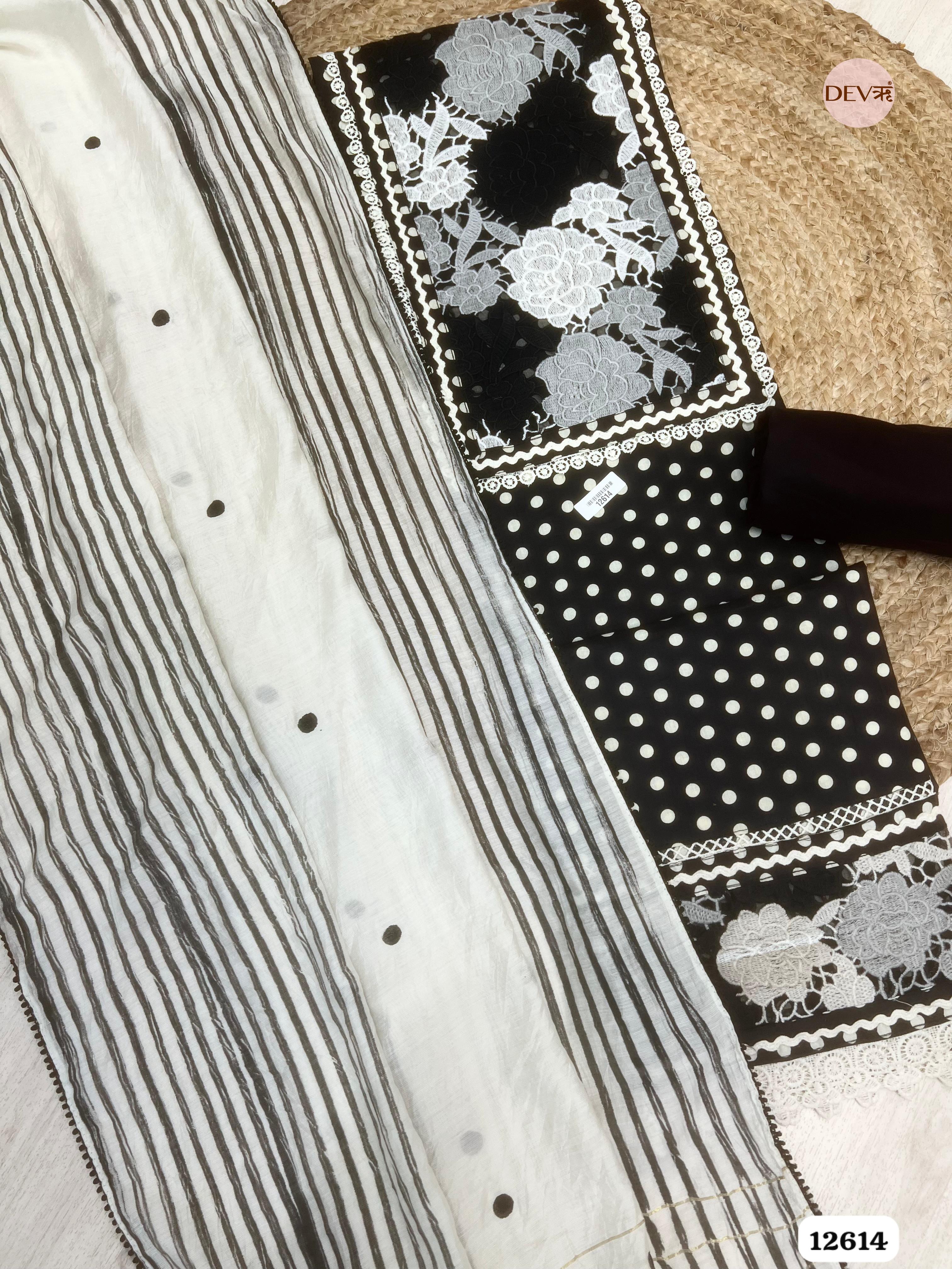 Black and White Cotton Polka Dot Unstitched 3-Piece Suit (Devri – D.No 12614)