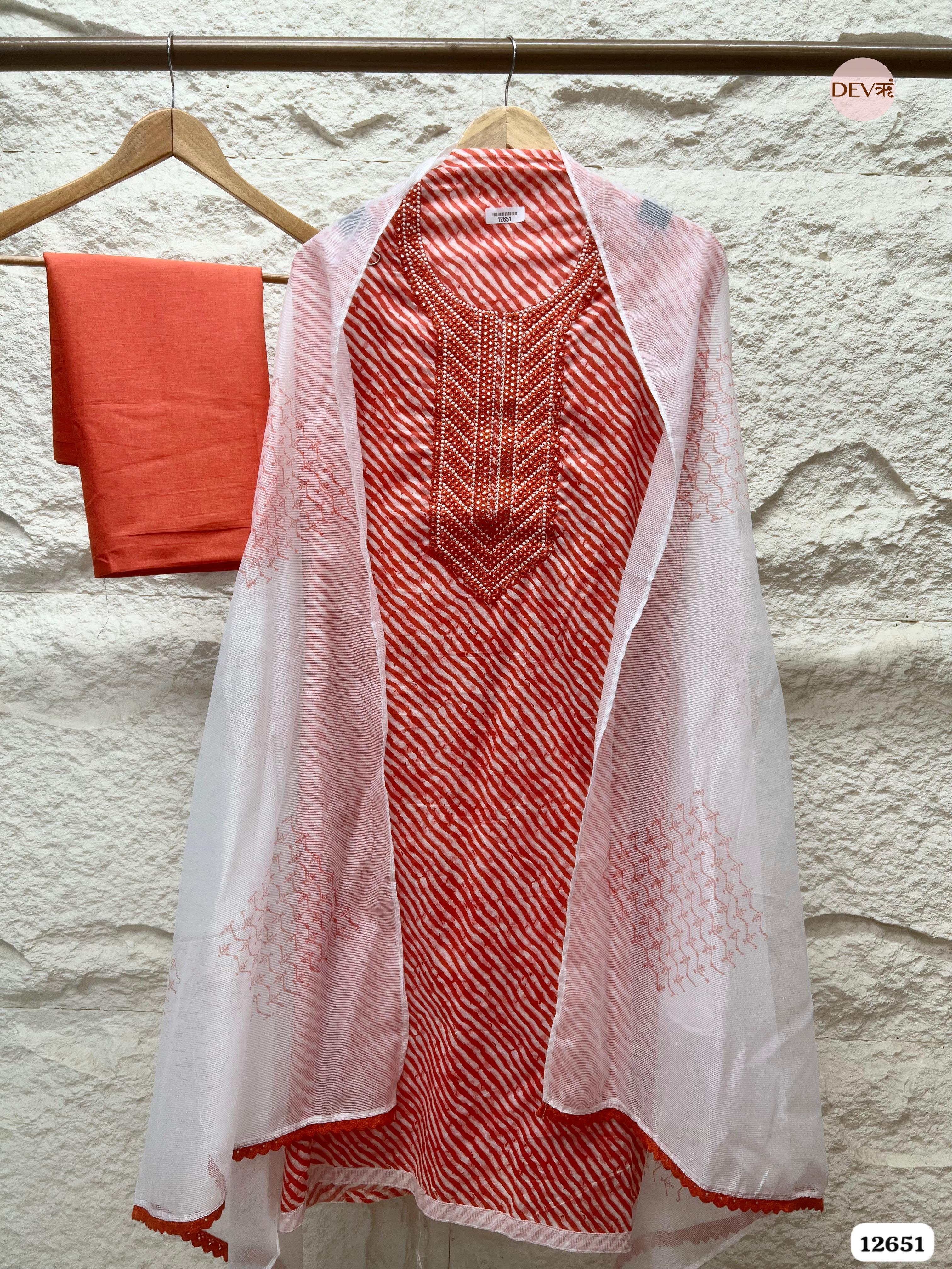 Red Cotton Printed Unstitched 3-Piece Suit with Net Dupatta (Devri – D.No 12651)