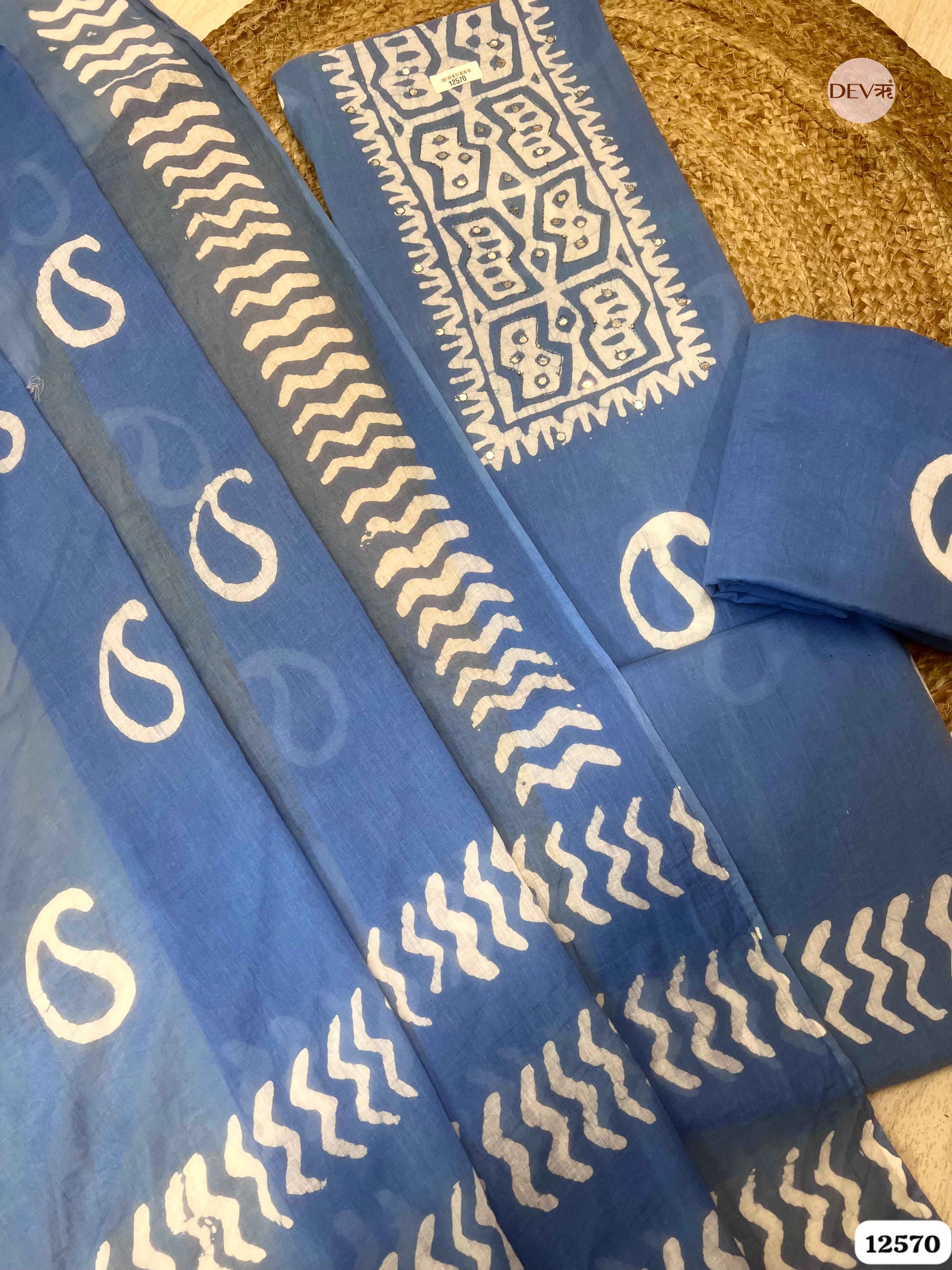 Blue Cotton Printed Unstitched 3-Piece Suit (Devri – D.No 12570)