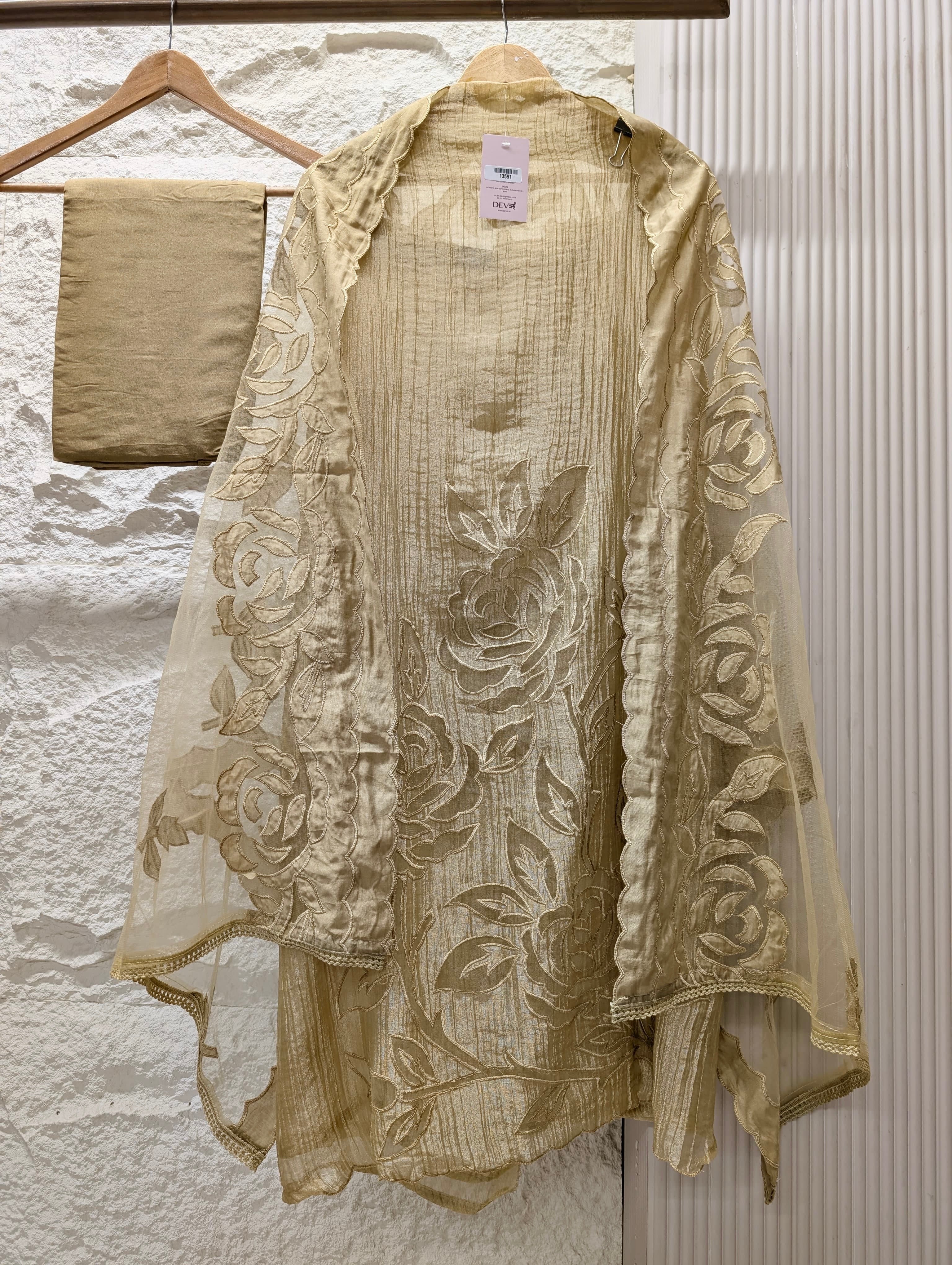 Beige Tissue Crush Silk Embroidered Unstitched 3-Piece Suit (Devri – D.No 13591)