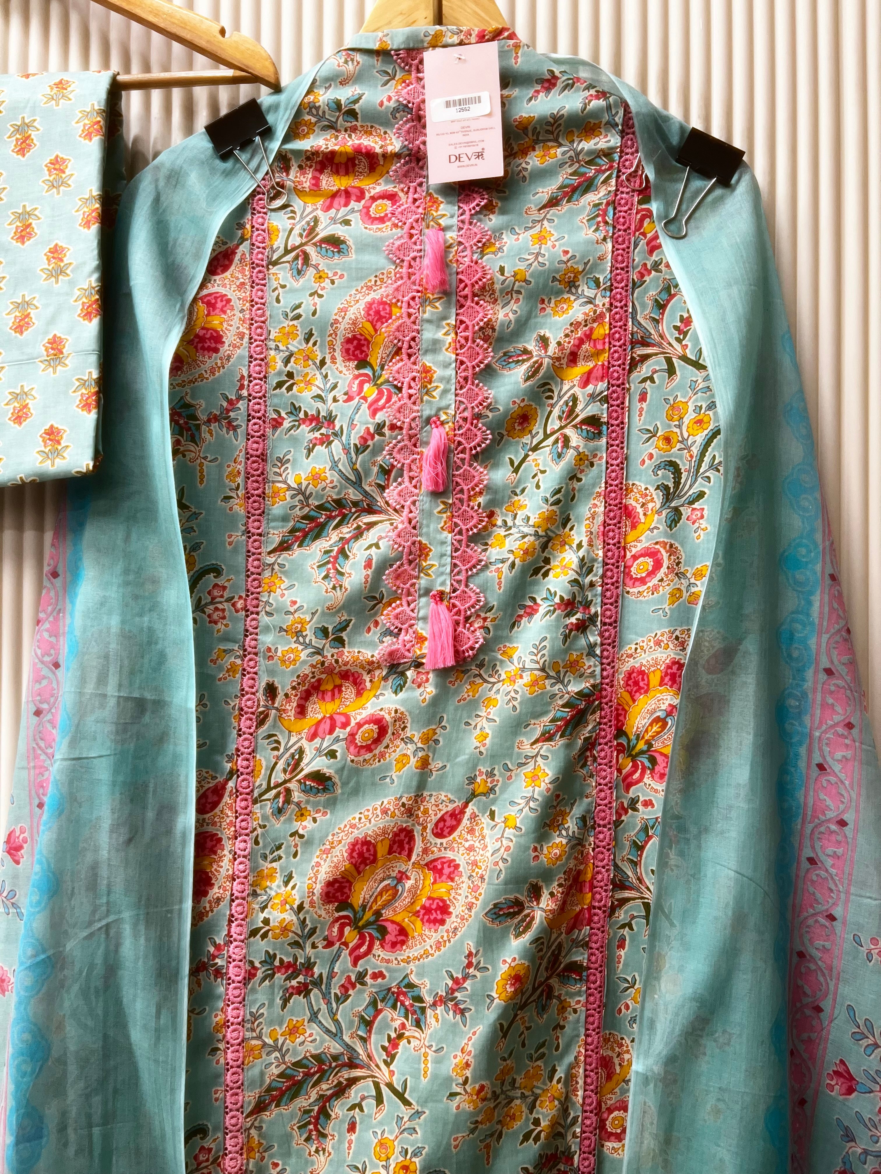 Aqua Blue Pure Cotton Floral Printed Unstitched 3-Piece Suit (Devri – D.No 12552)