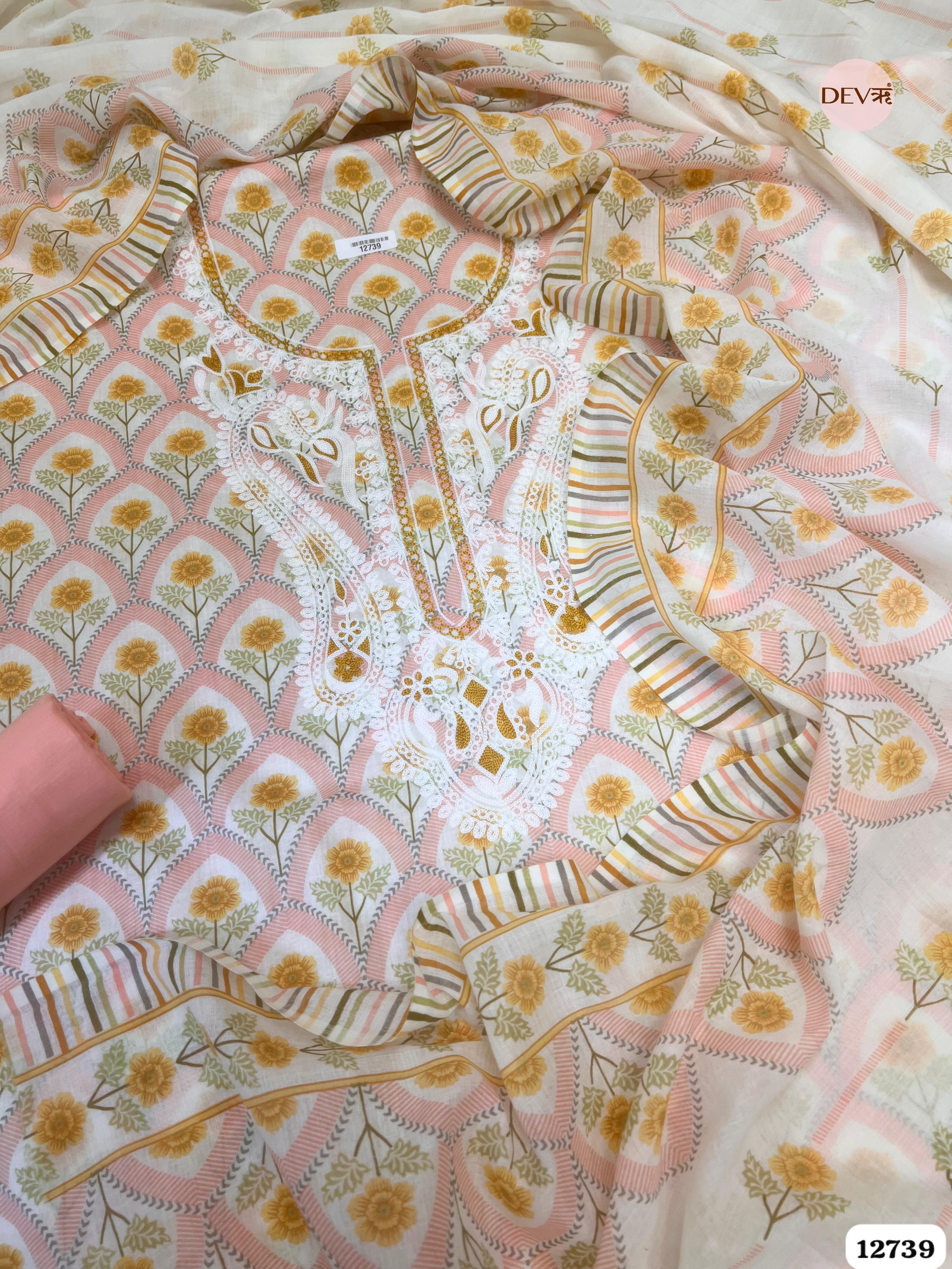 Peach Cotton Embroidered Unstitched 3-Piece Suit (Devri – D.No 12739)
