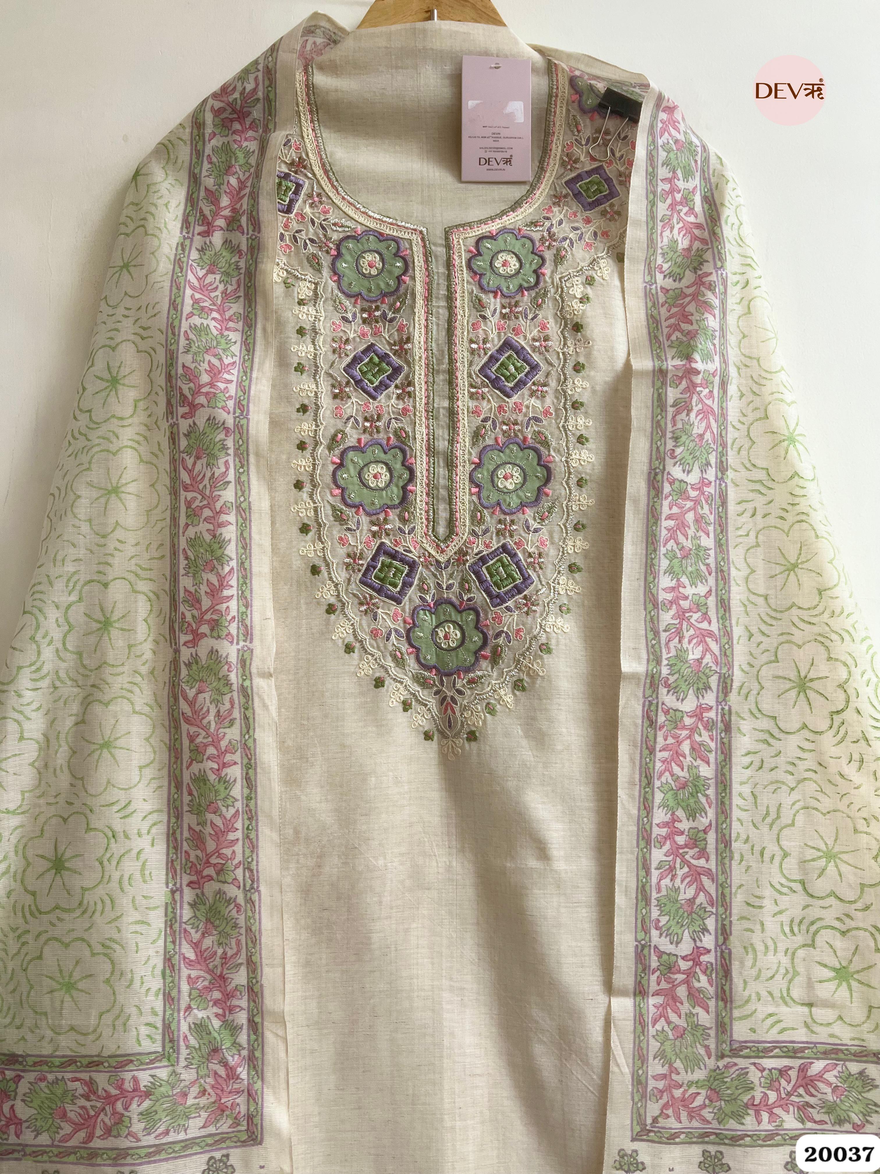 Ivory Pure Linen Embroidered Unstitched 3-Piece Suit (Devri – D.No. 20037)