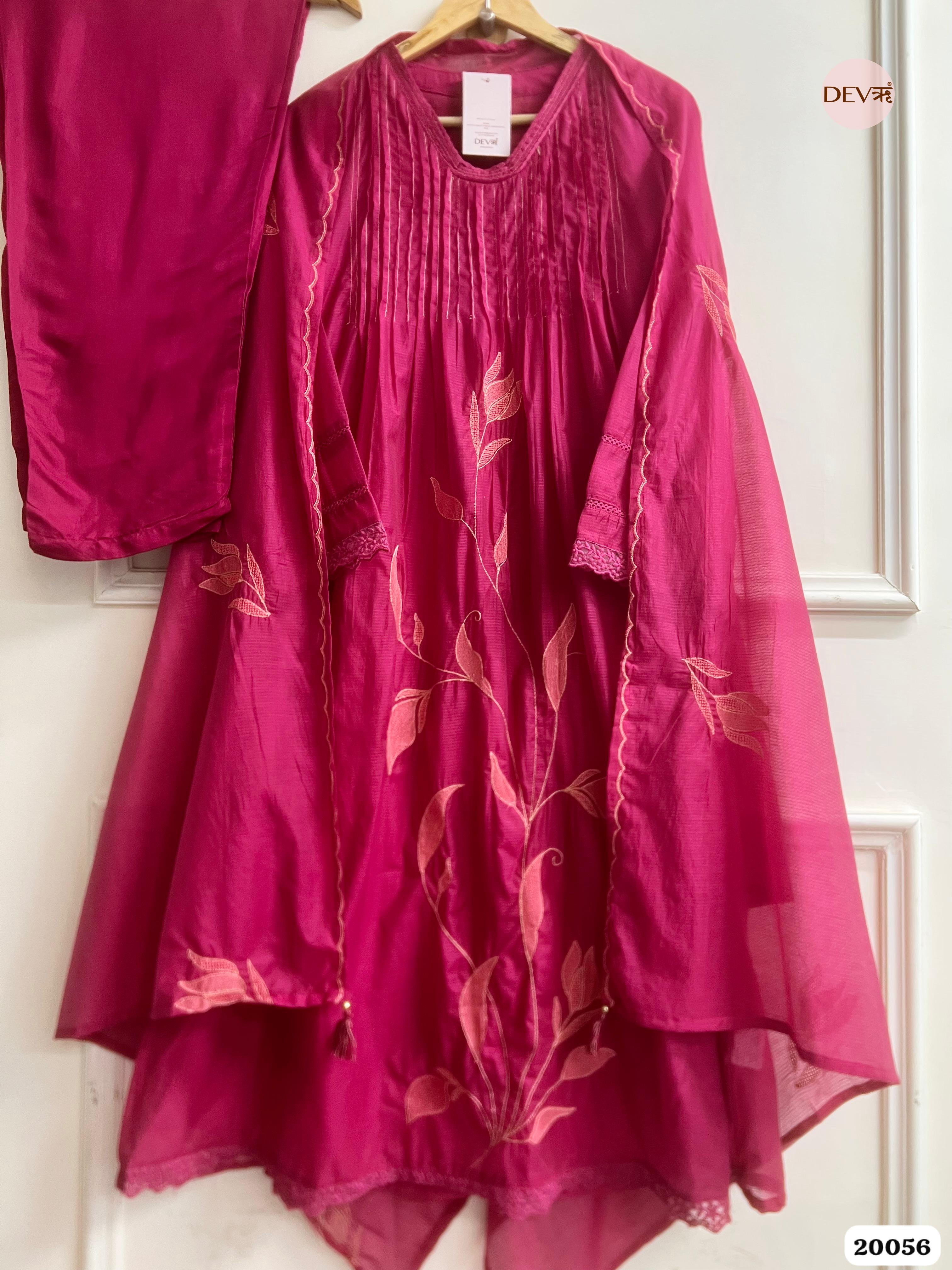 Vasundhara Mul Cotton Embroidered Wine 3-Piece Set (Devri – D.No 20056)