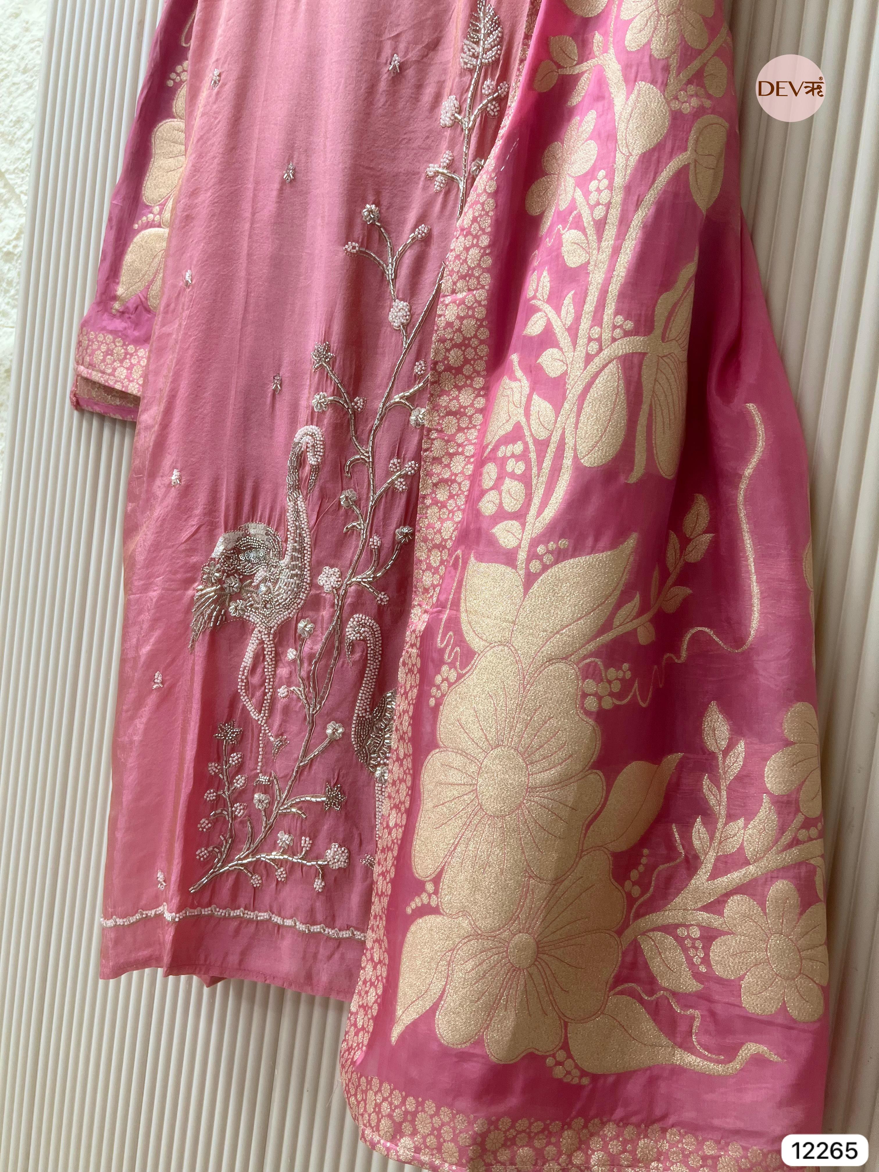 Pink Tissue Shimmer Silk Embroidered Unstitched 3-Piece Suit (Devri – D.No 12265)