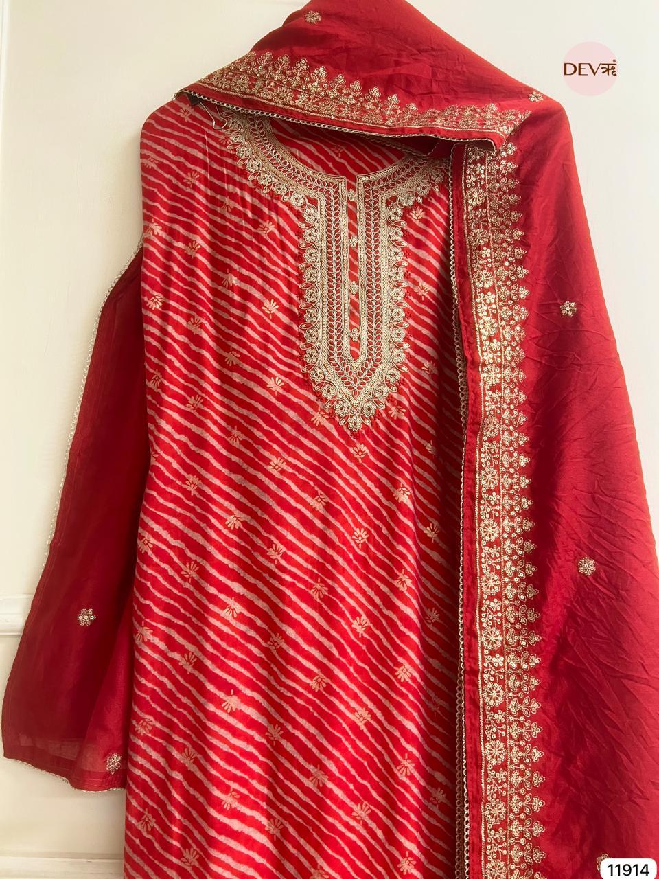 Red Modal Silk Embroidered Bandhej Unstitched 3-Piece Suit (Devri – D.No 11914)