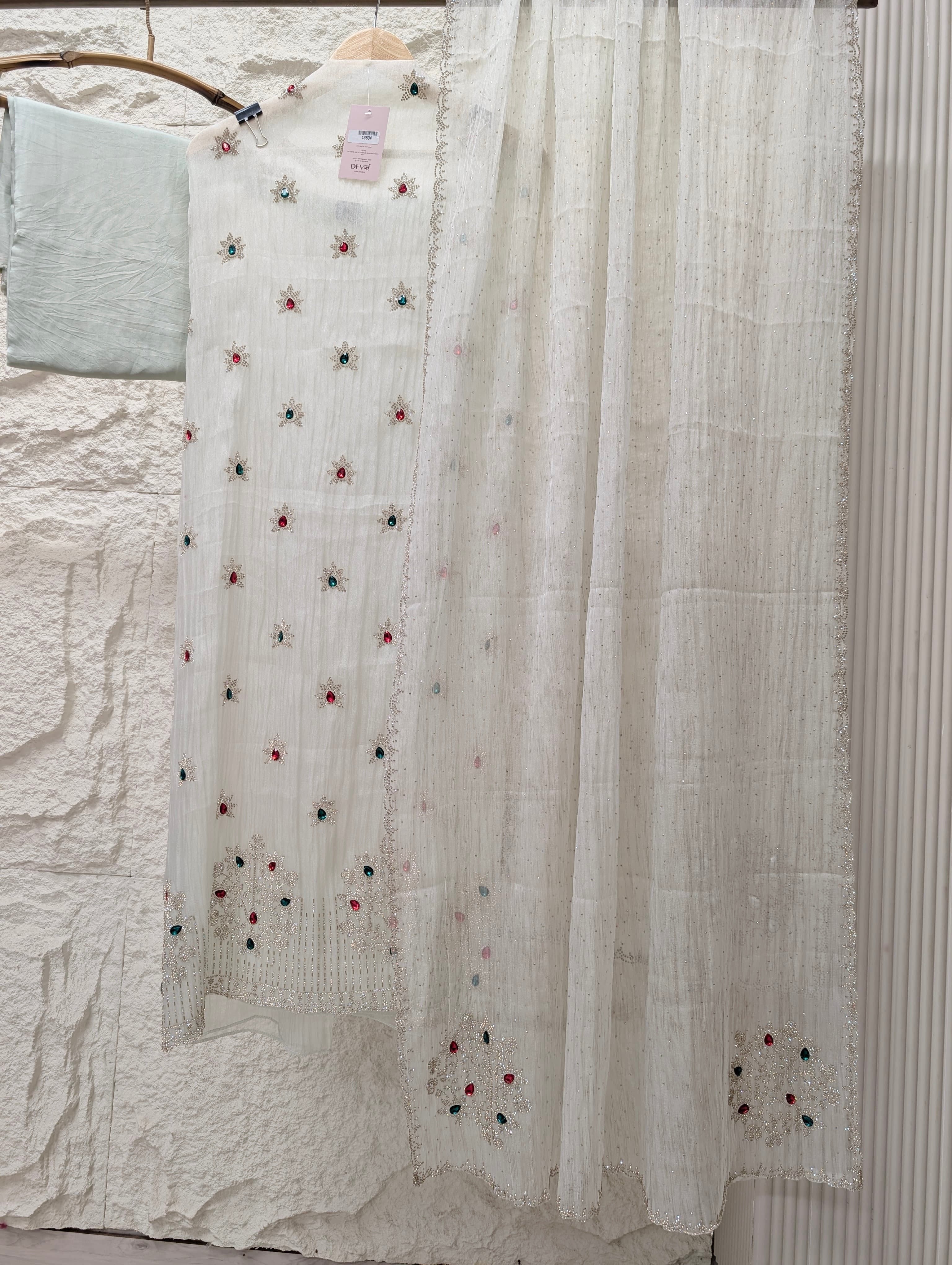 Off White Pure Organza Silk Embroidered Unstitched 3-Piece Suit (Devri – D.No 13634)
