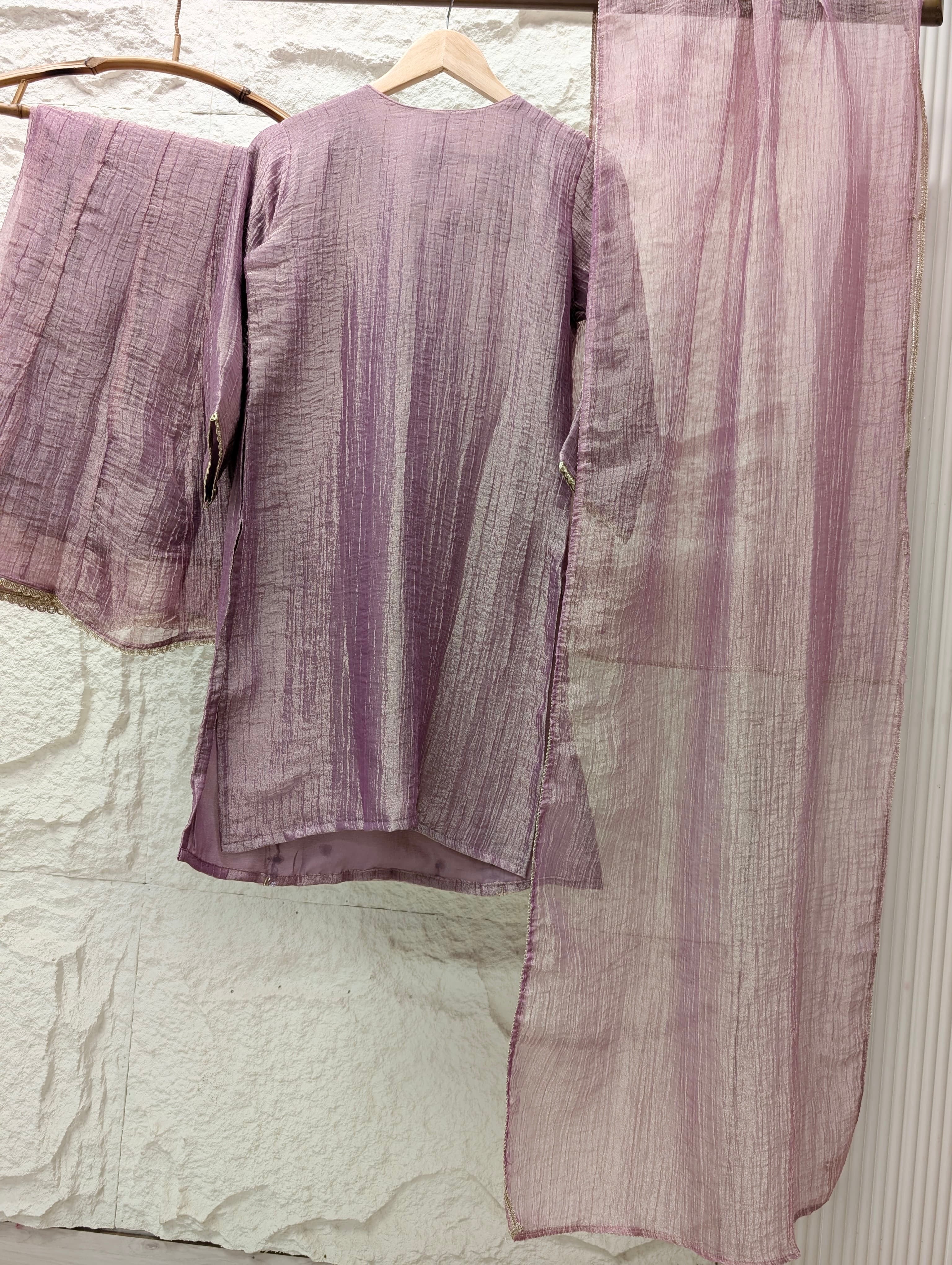 Gulnaar Tissue silk Embroidered Mauve 3-Piece Set (Devri – D.No 13713)