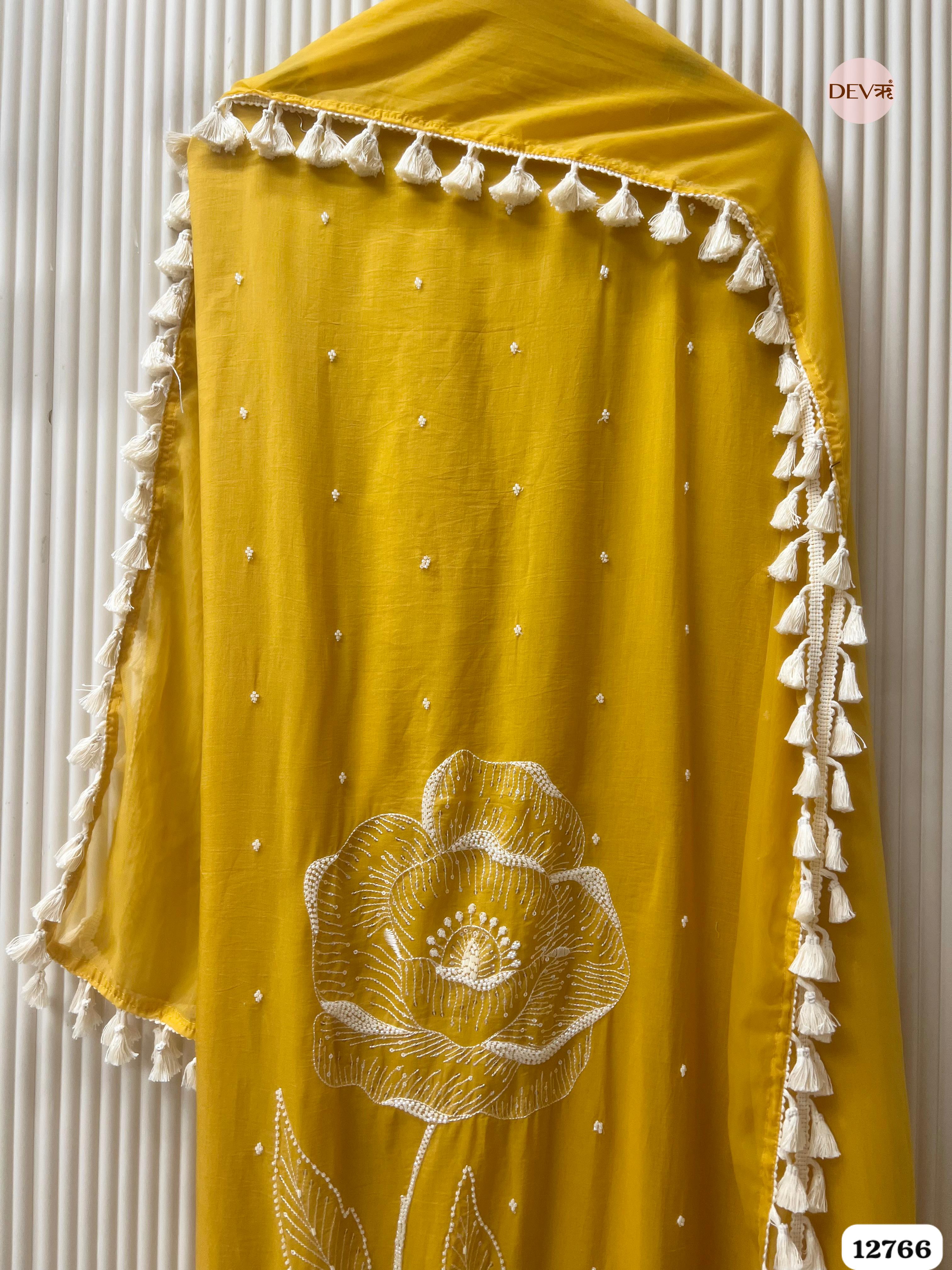 Yellow Mul Cotton Embroidered Unstitched 3-Piece Suit (Devri – D.No 12766)