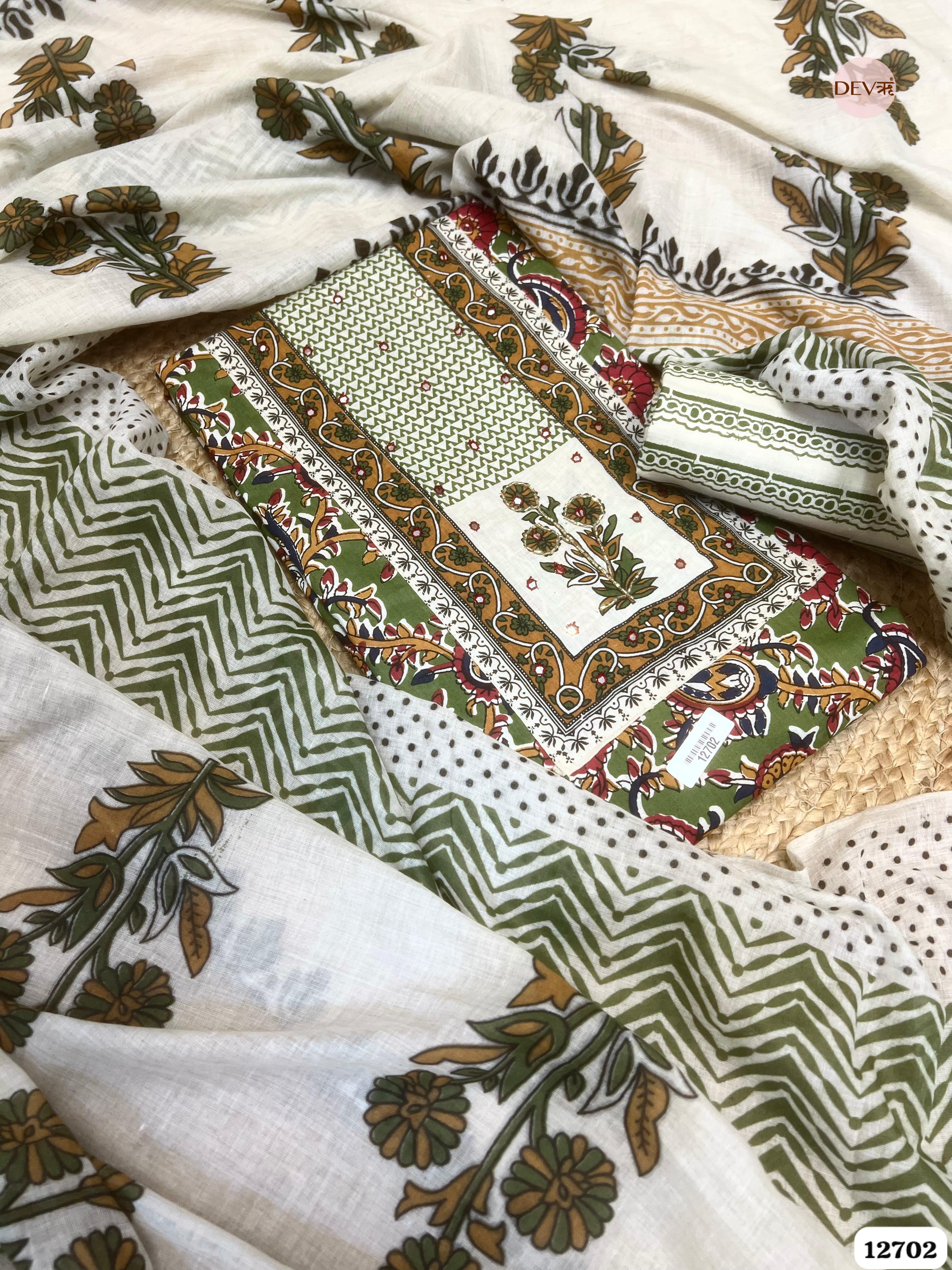 Green & White Cotton Printed Unstitched 3-Piece Suit (Devri – D.No 12702)