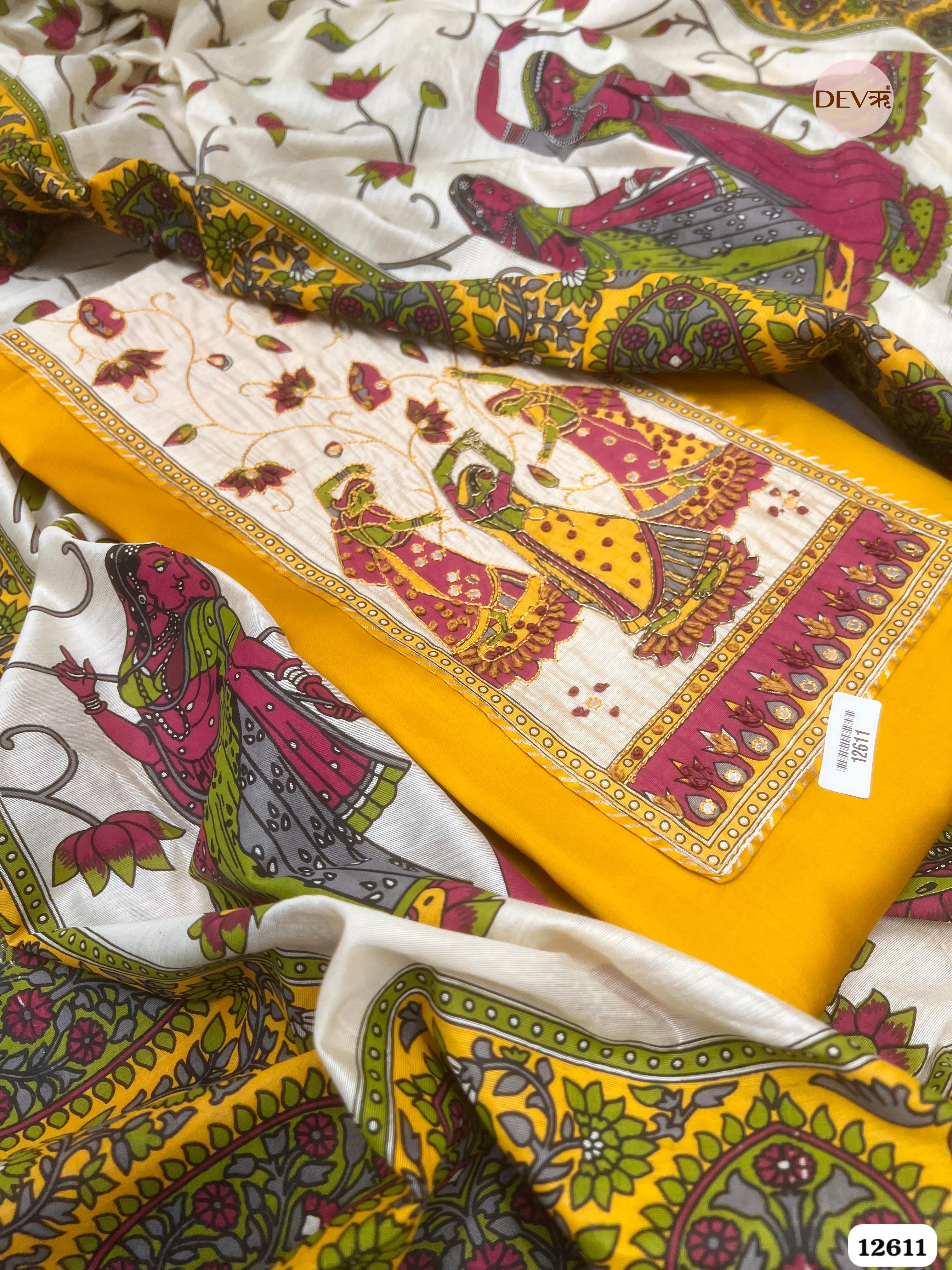 Yellow Glace Cotton Hand Painted Unstitched 3-Piece Suit (Devri – D.No 12611)