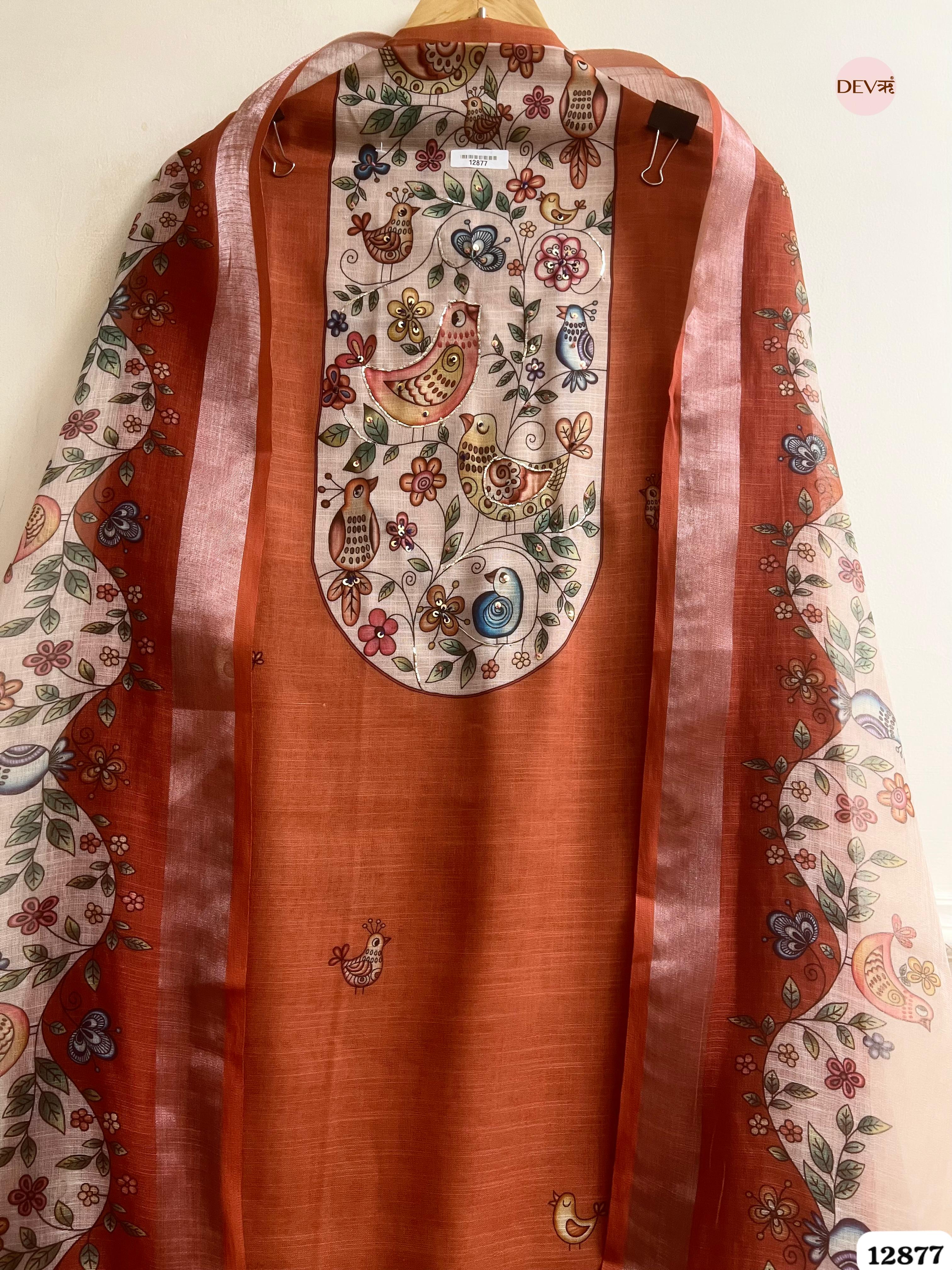 Rust Orange Linen Cotton Printed Unstitched 3-Piece Suit (Devri – D.No 12877)