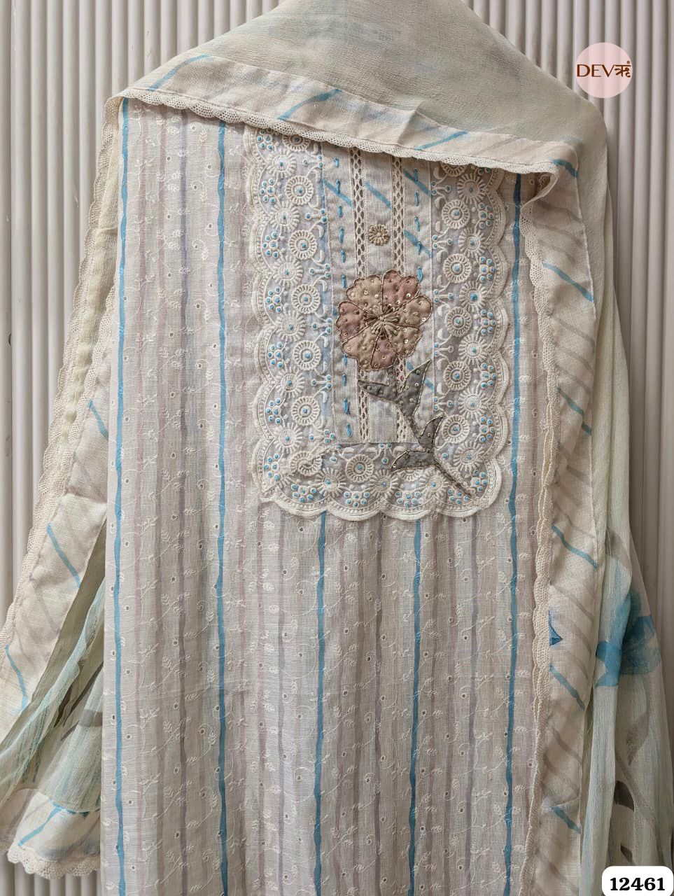 Blue & Beige Pure Linen Embroidered Unstitched 3-Piece Suit (Devri – D.No 12461)