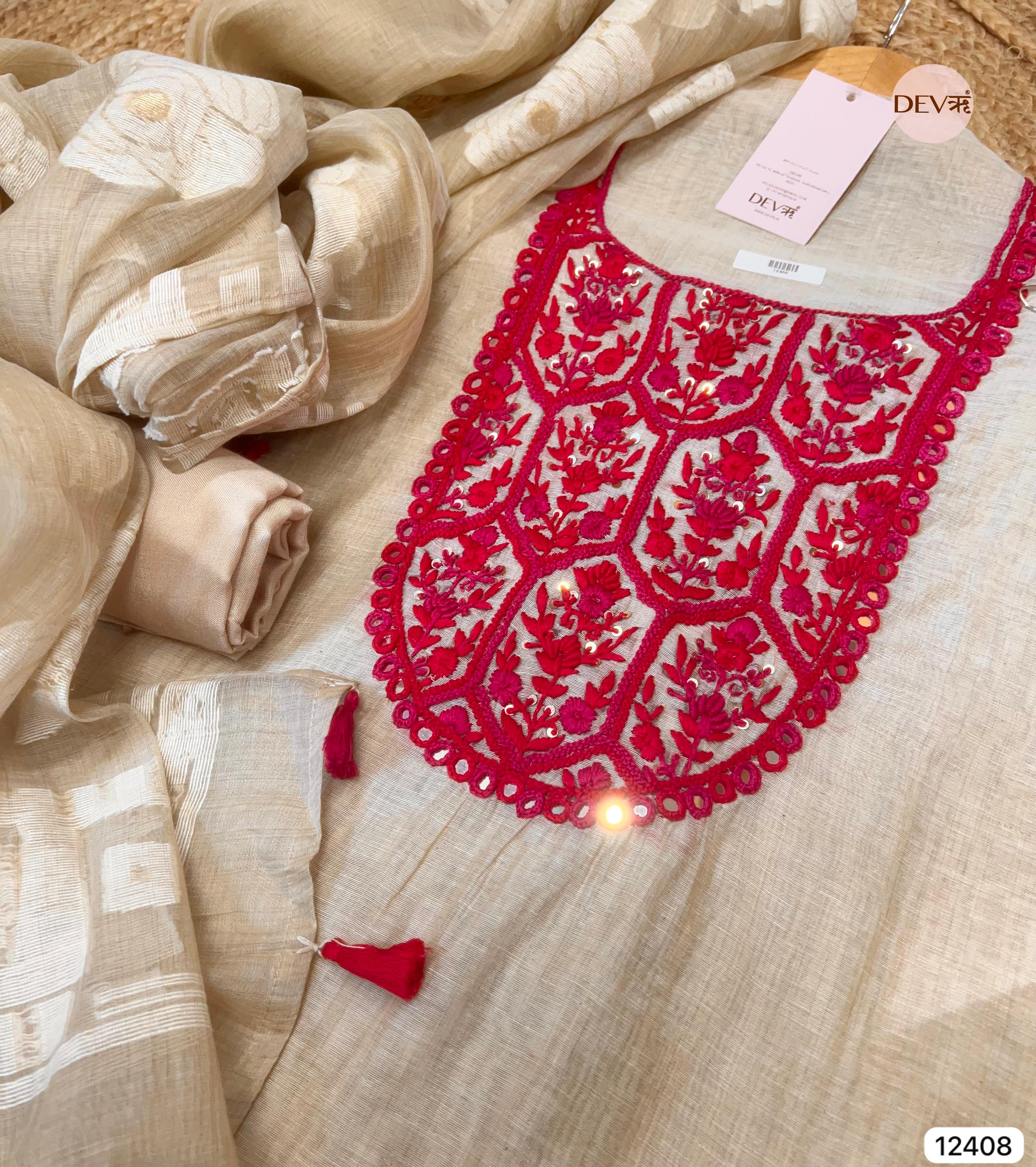 Beige Mul Chanderi Embroidered Unstitched 3-Piece Suit (Devri – D.No 12408)