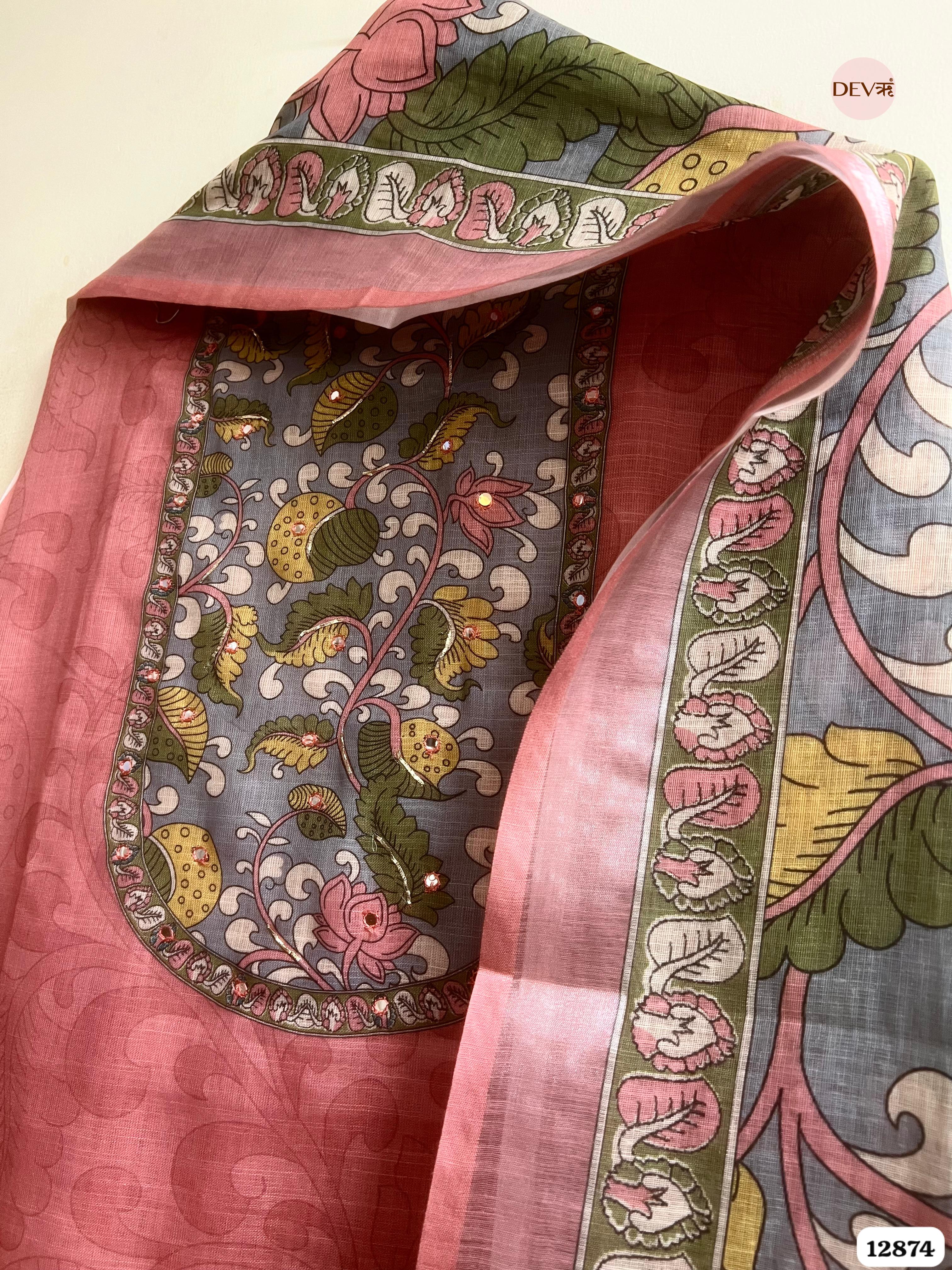 Pink Linen Cotton Printed Unstitched 3-Piece Suit (Devri – D.No 12874)