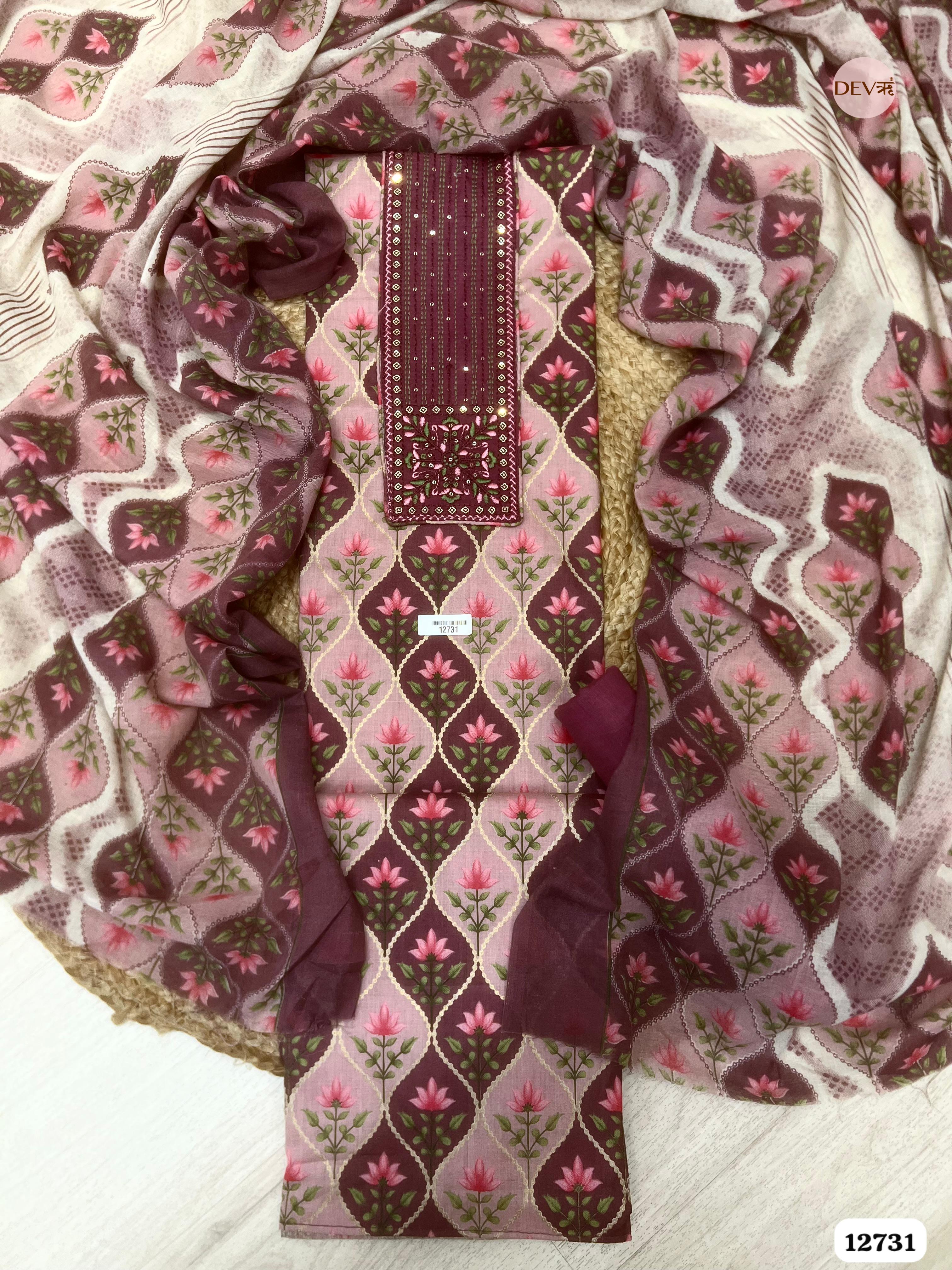 Purple & Mauve Cotton Embroidered Unstitched 3-Piece Suit (Devri – D.No 12731)