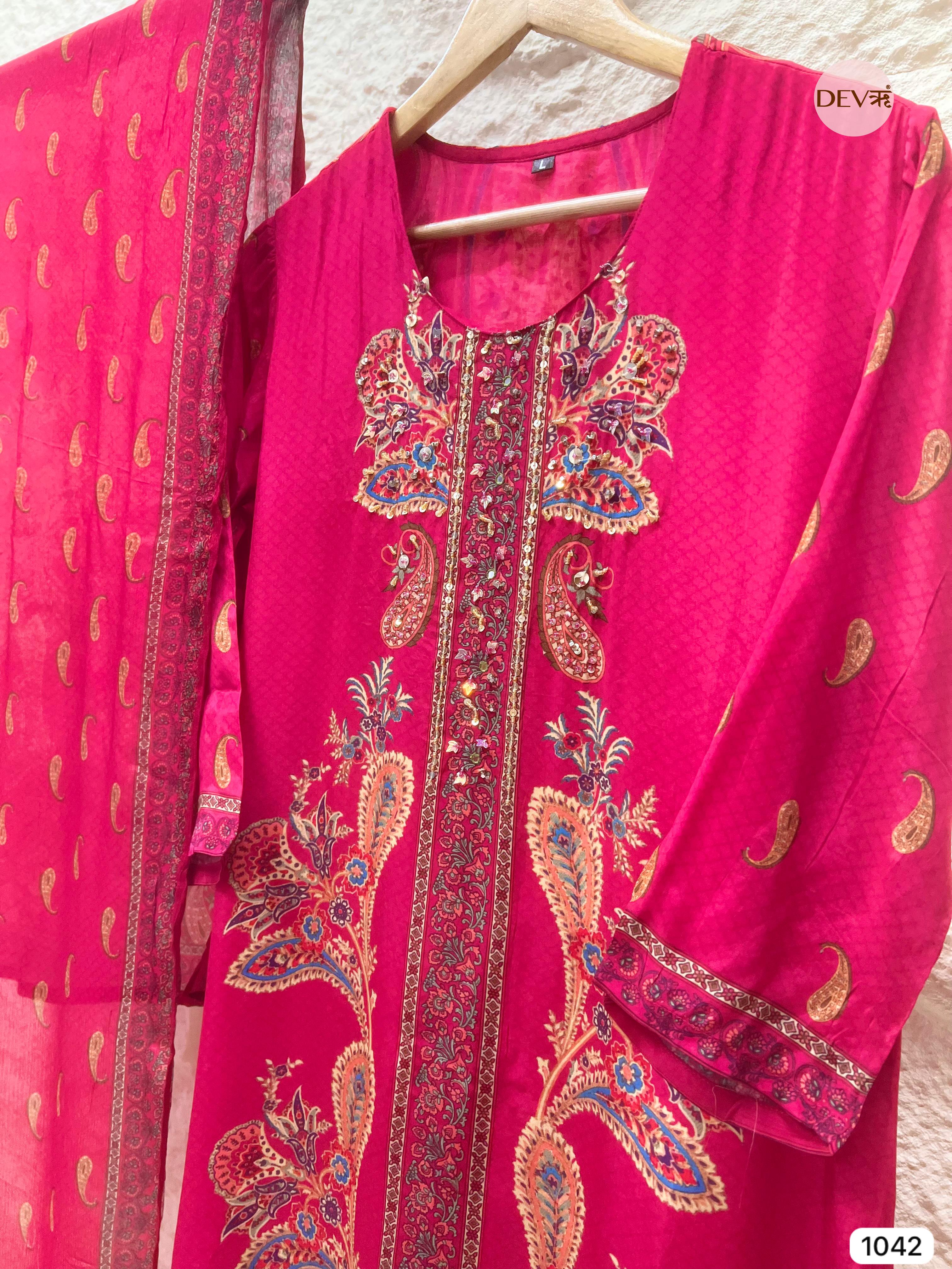 Meher Pure Natural Crepe Embroidered Rani Pink 3-Piece Set (Devri – D.No 1042)