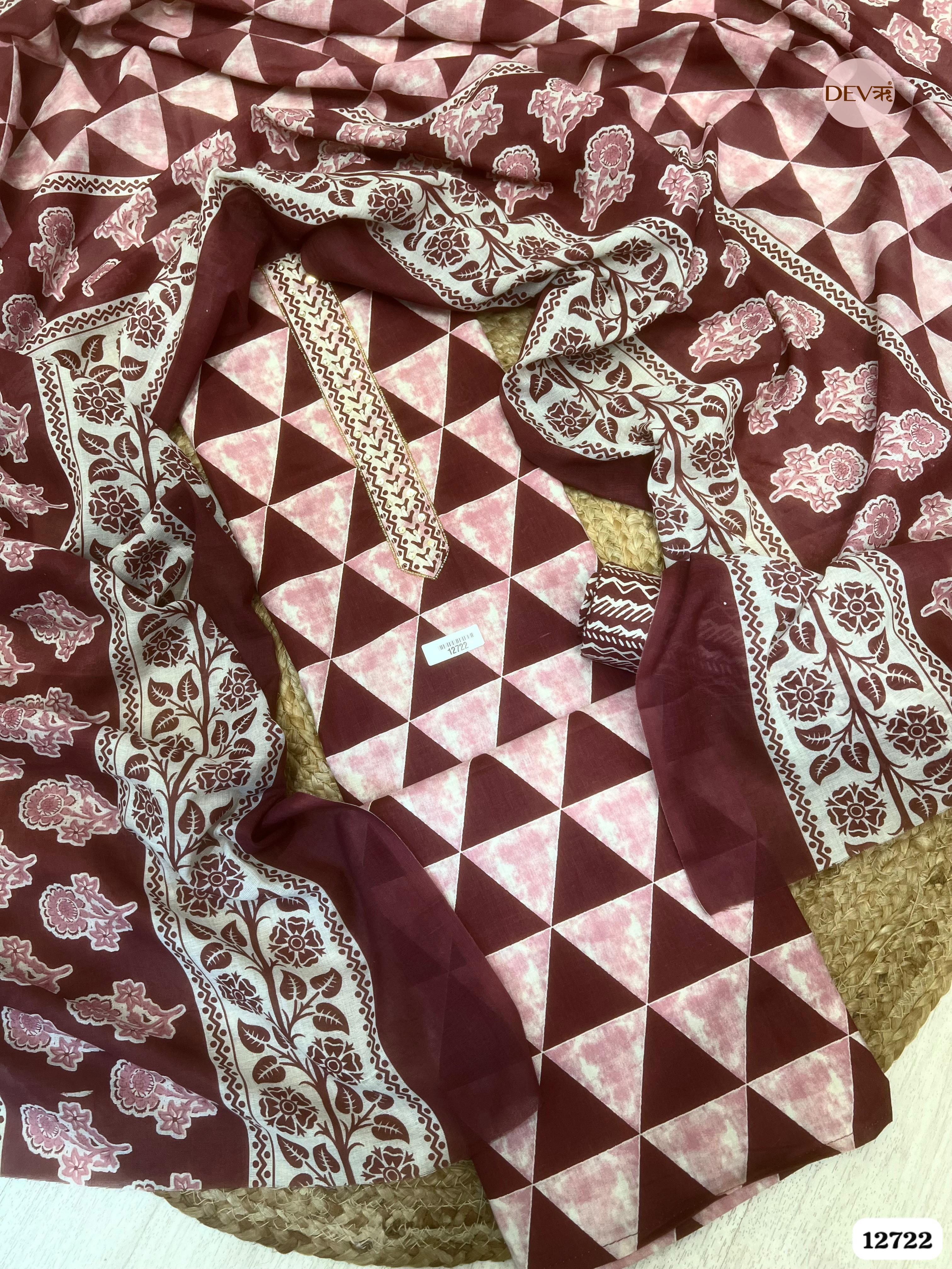 Mauve Cotton Printed Unstitched 3-Piece Suit (Devri – D.No 12722)