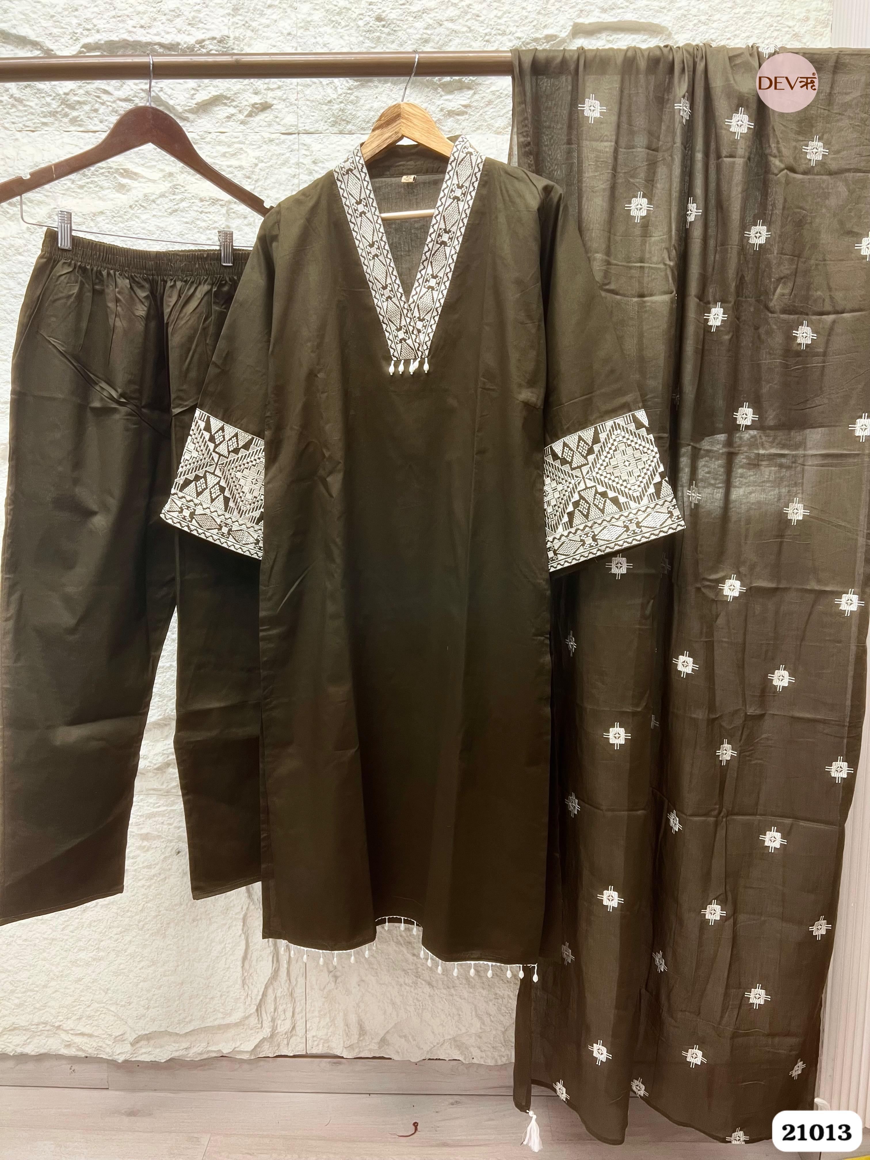 Aavya Cotton Embroidered Olive Green 3-Piece Set (Devri – D.No 21013)