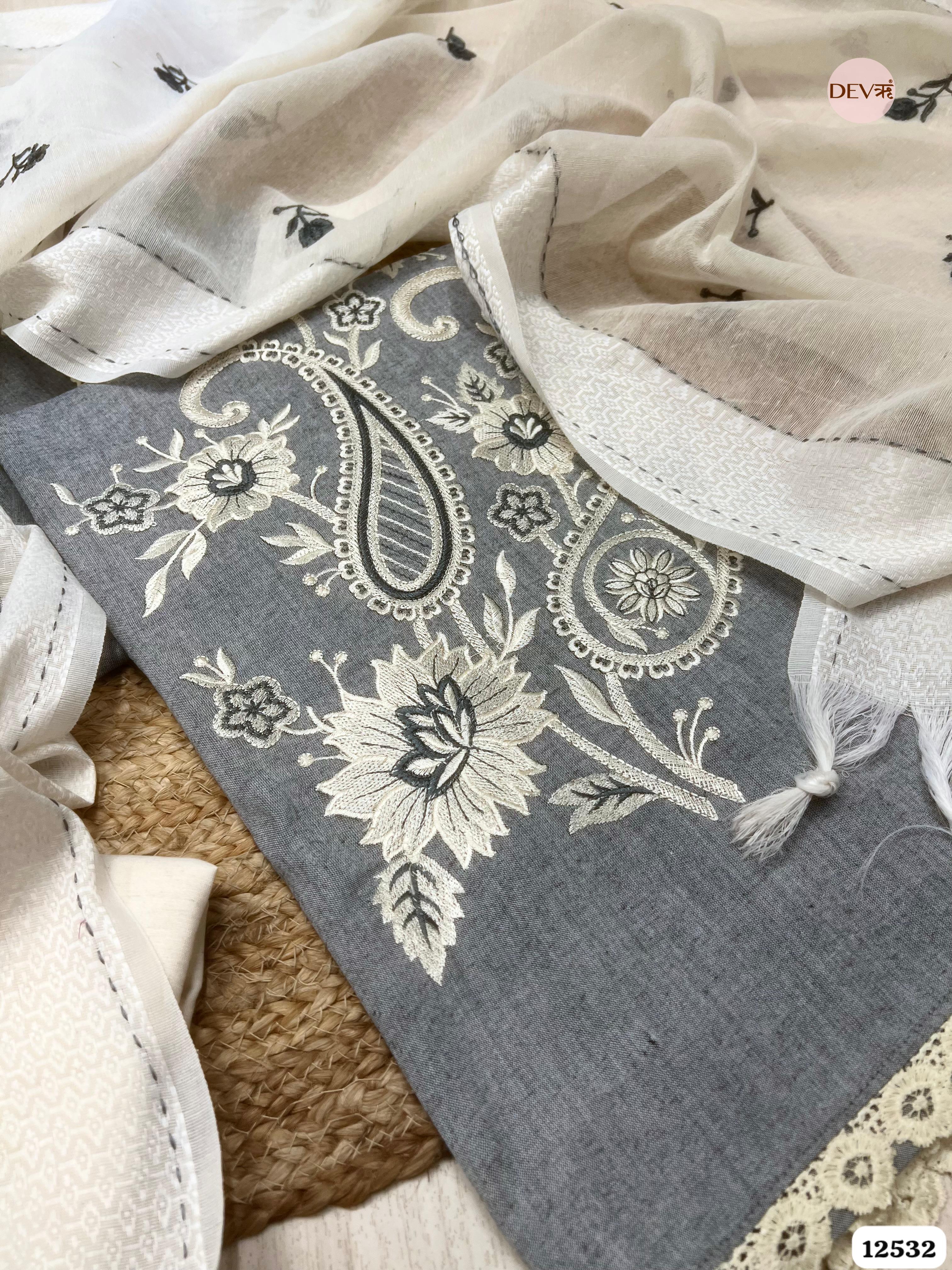 Slate Grey Handloom Cotton Embroidered Unstitched 3-Piece Suit (Devri – D.No. 12529)
