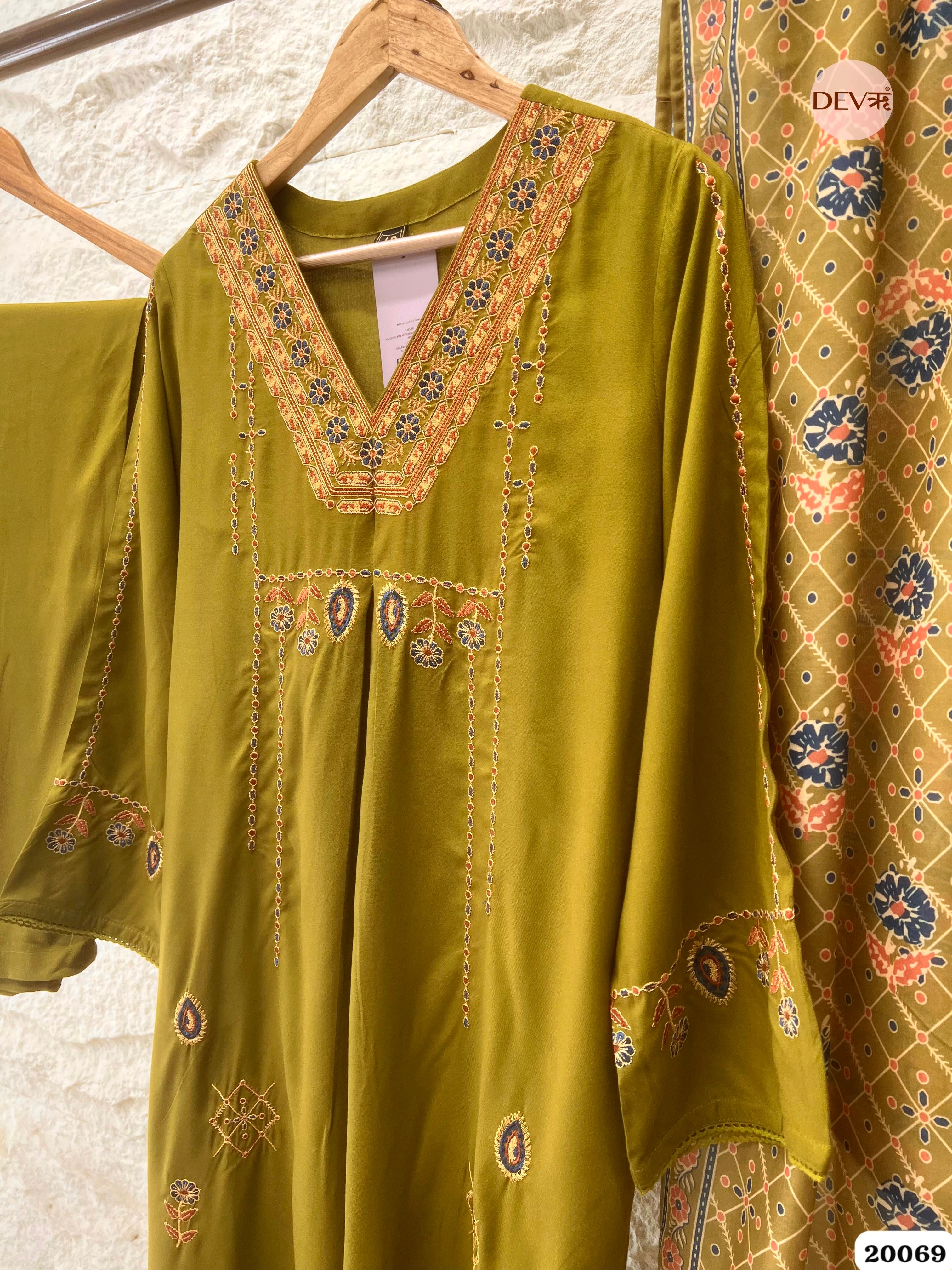 Zoya German Reyon Embroidered Olive Green 3-Piece Set (Devri – D.No 20069)